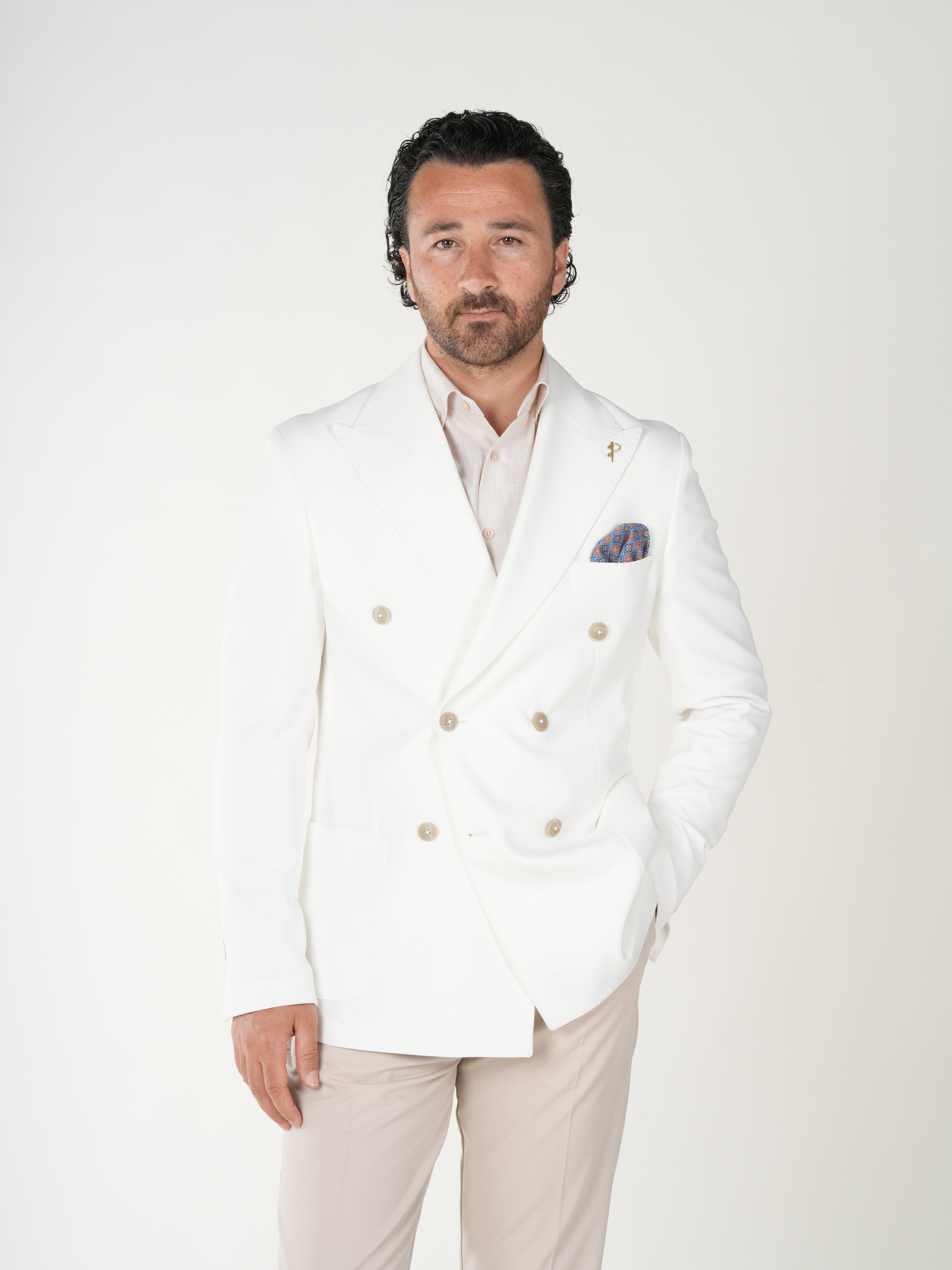 Premium Erkek Slim Fit İtalyan Stil Torba Cepli Punto Dikişli Astarsız Kruvaze Ceket-Beyaz
