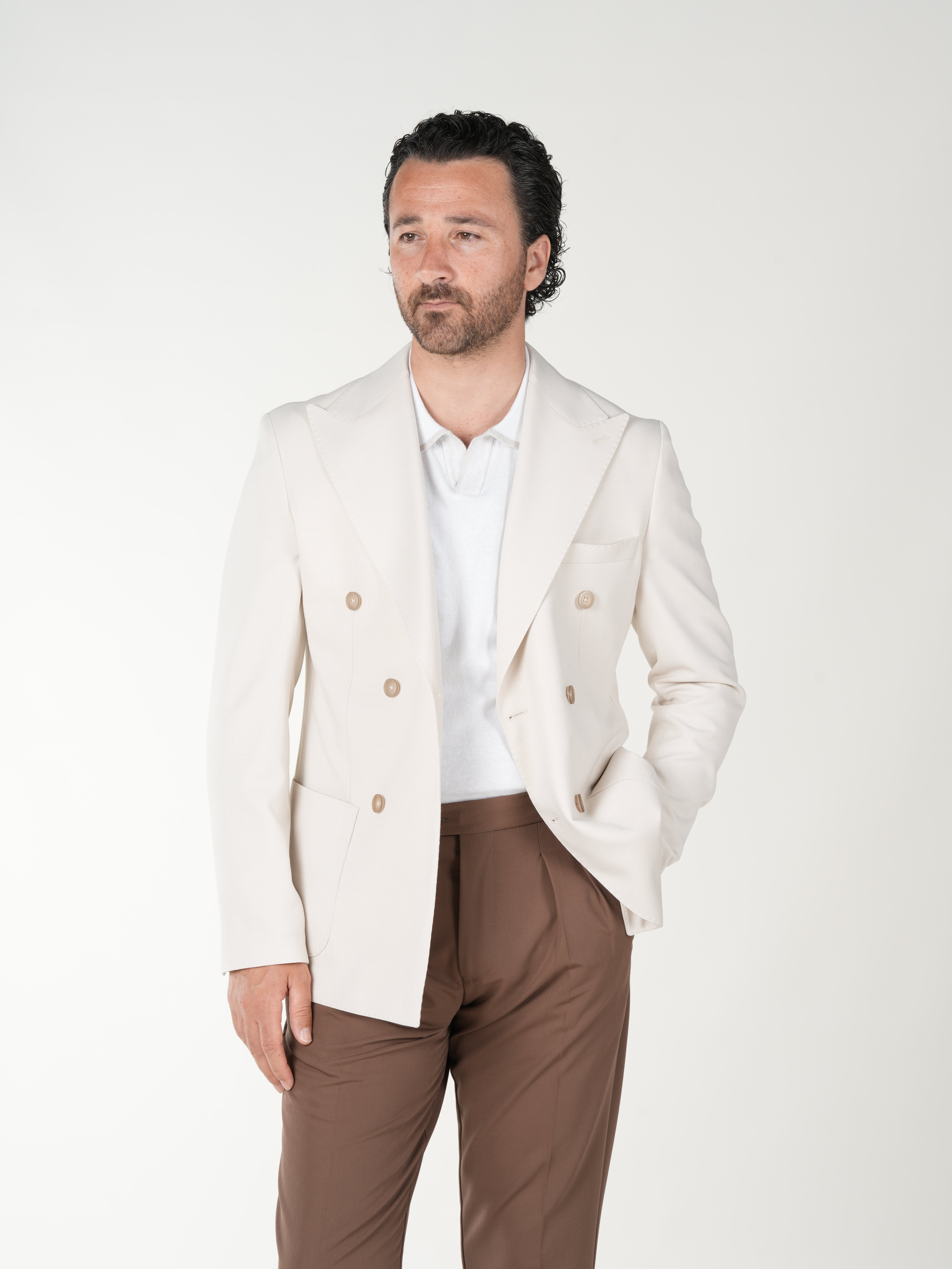 Premium Erkek Slim Fit İtalyan Stil Torba Cepli Punto Dikişli Astarsız Kruvaze Ceket-Bej