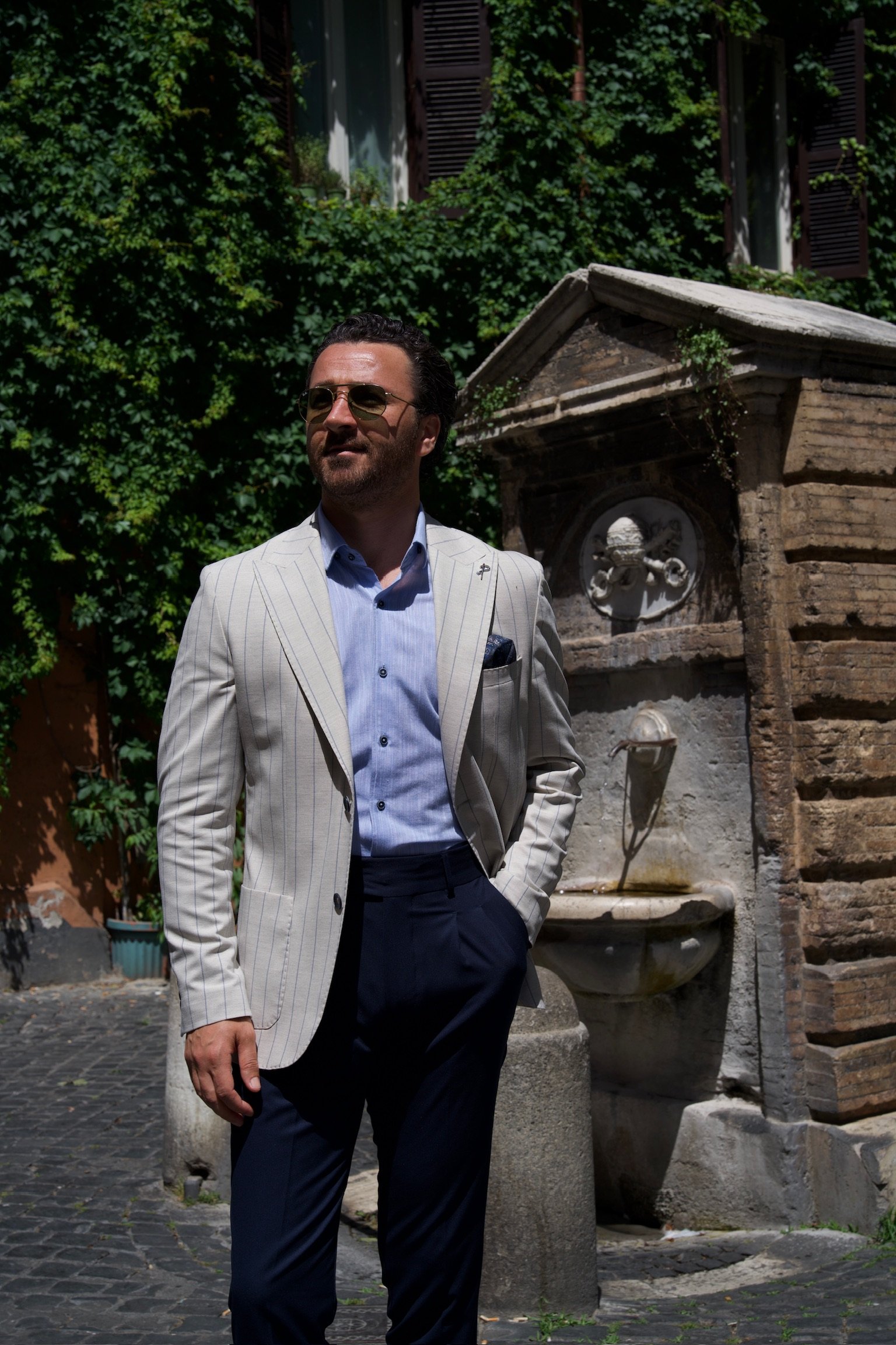 Premium Erkek Slim Fit İtalyan Stil Torba Cepli Punto Dikişli Astarsız Çizgili  Ceket-Krem