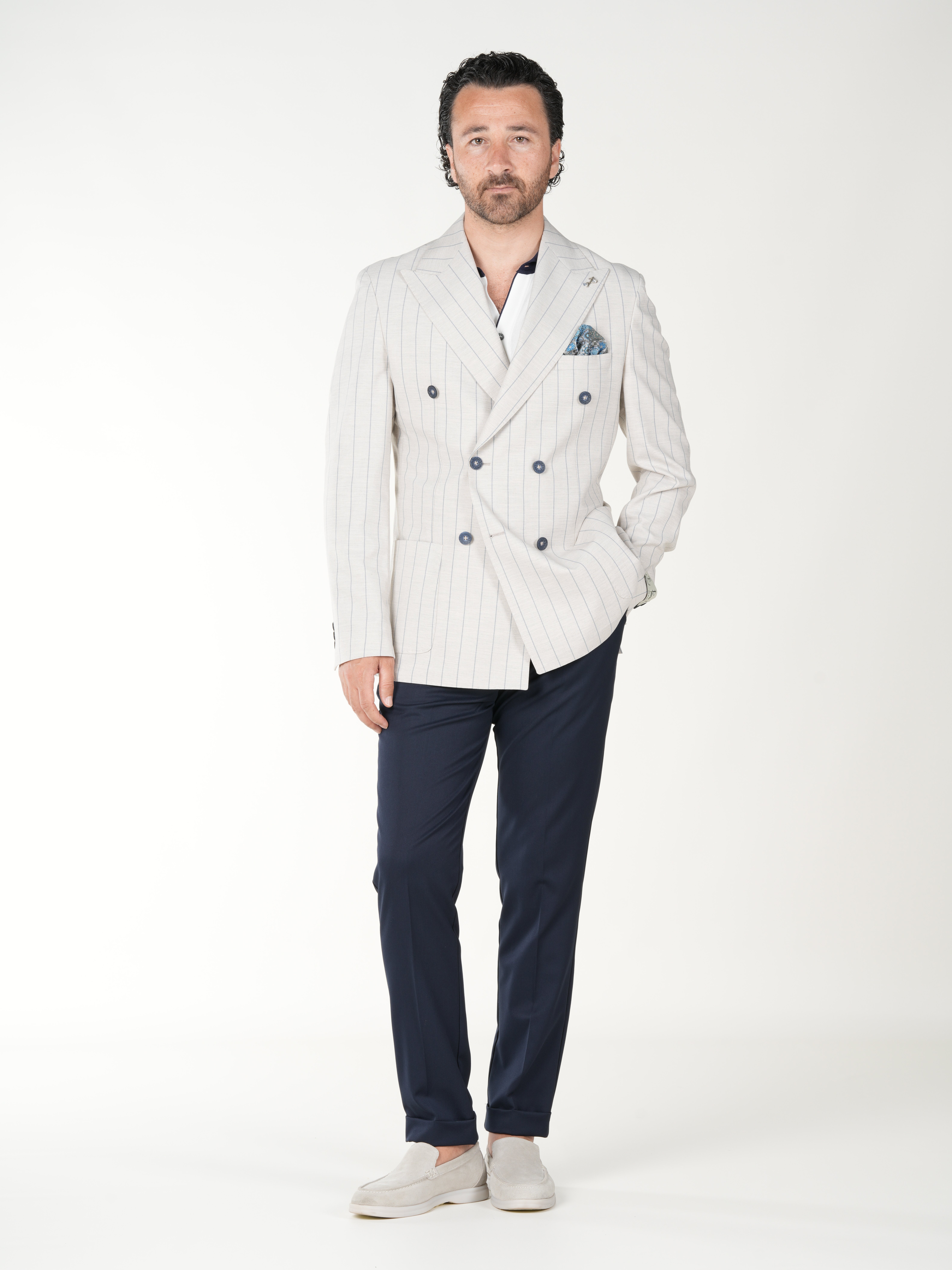 Premium Erkek Slim Fit İtalyan Stil Torba Cepli Punto Dikişli Astarsız Çizgili Kruvaze Ceket-Krem