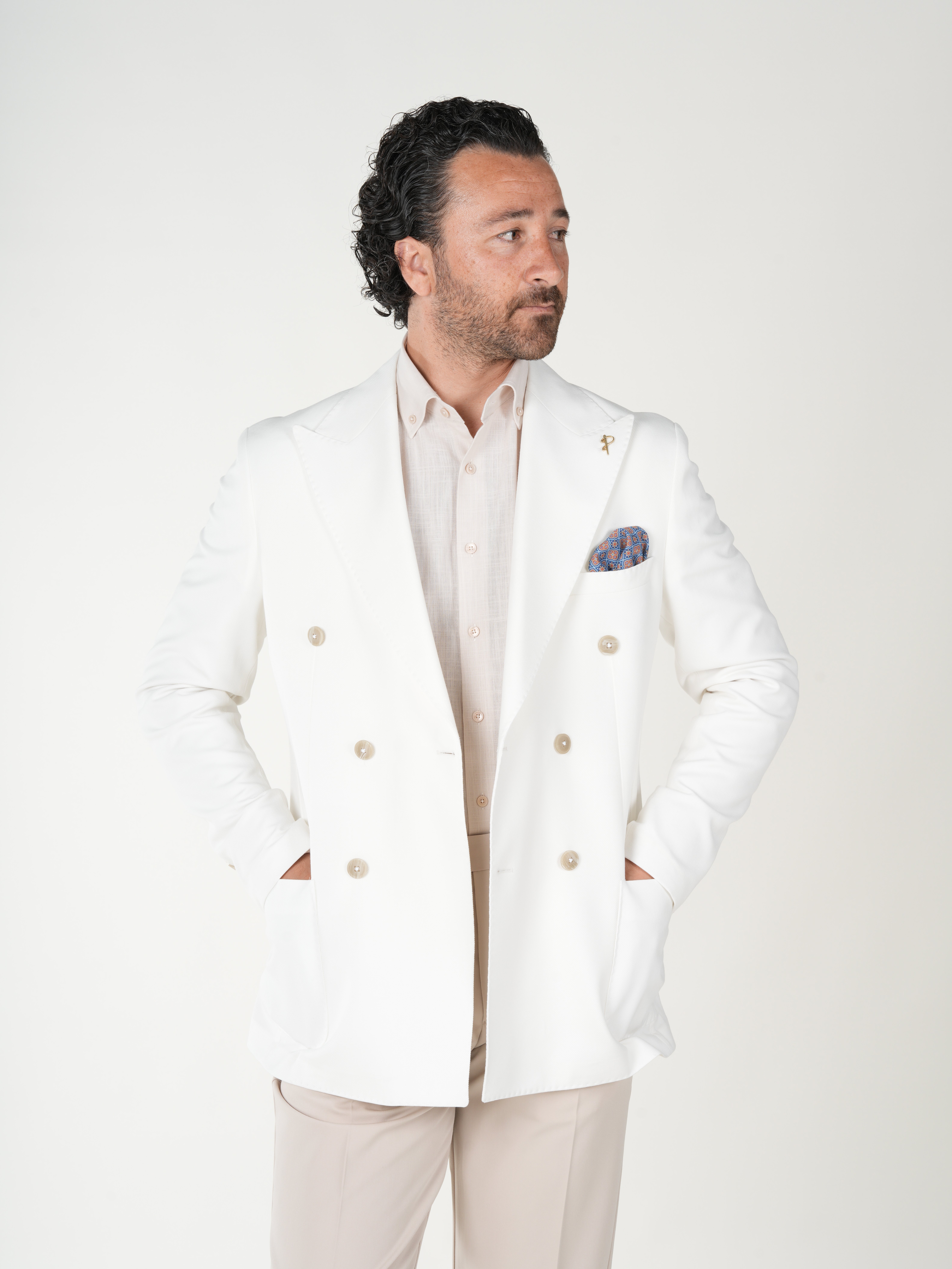 Premium Erkek Slim Fit İtalyan Stil Torba Cepli Punto Dikişli Astarsız Kruvaze Ceket-Beyaz