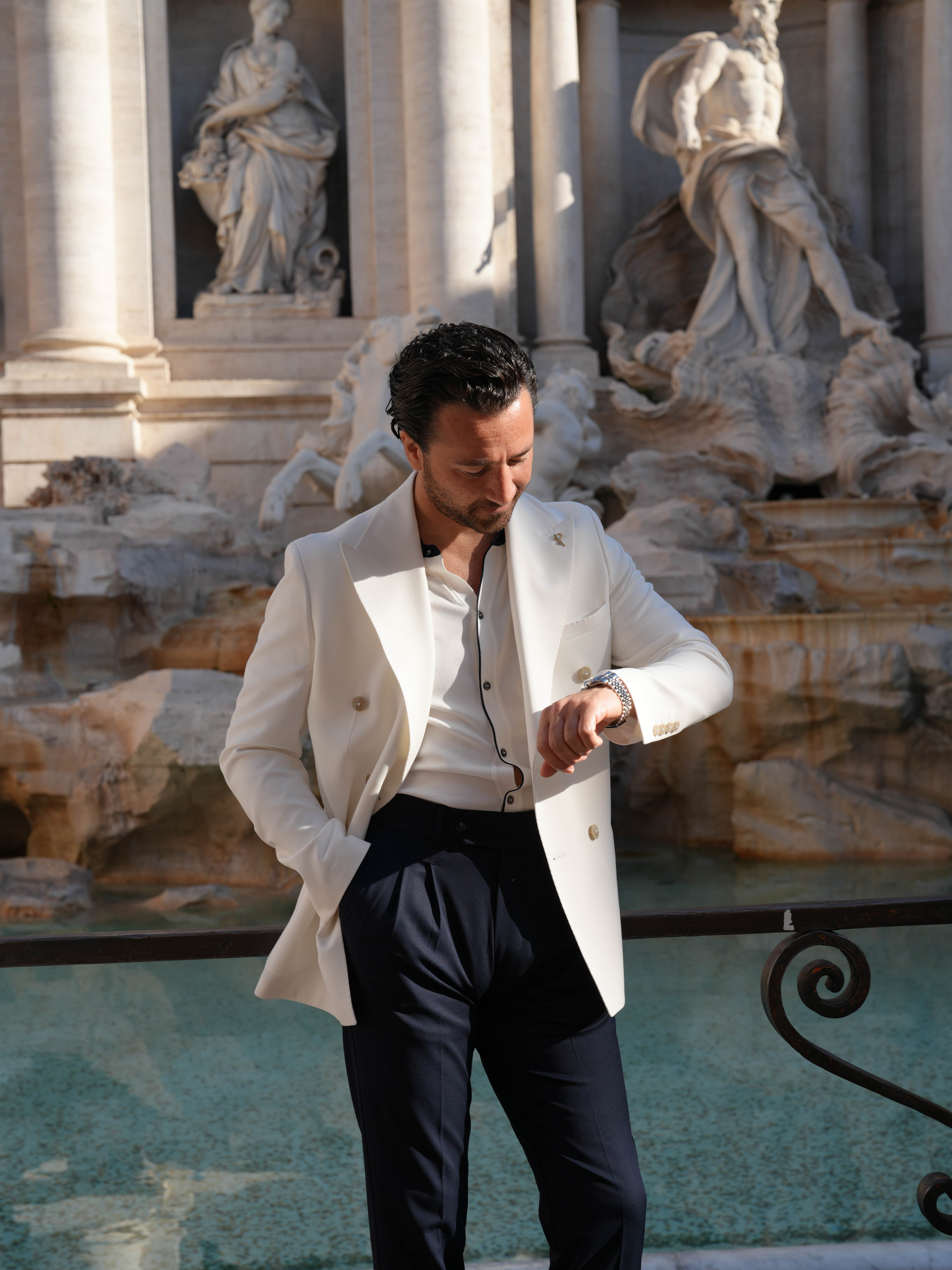 Premium Erkek Slim Fit İtalyan Stil Torba Cepli Punto Dikişli Astarsız Kruvaze Ceket-Beyaz