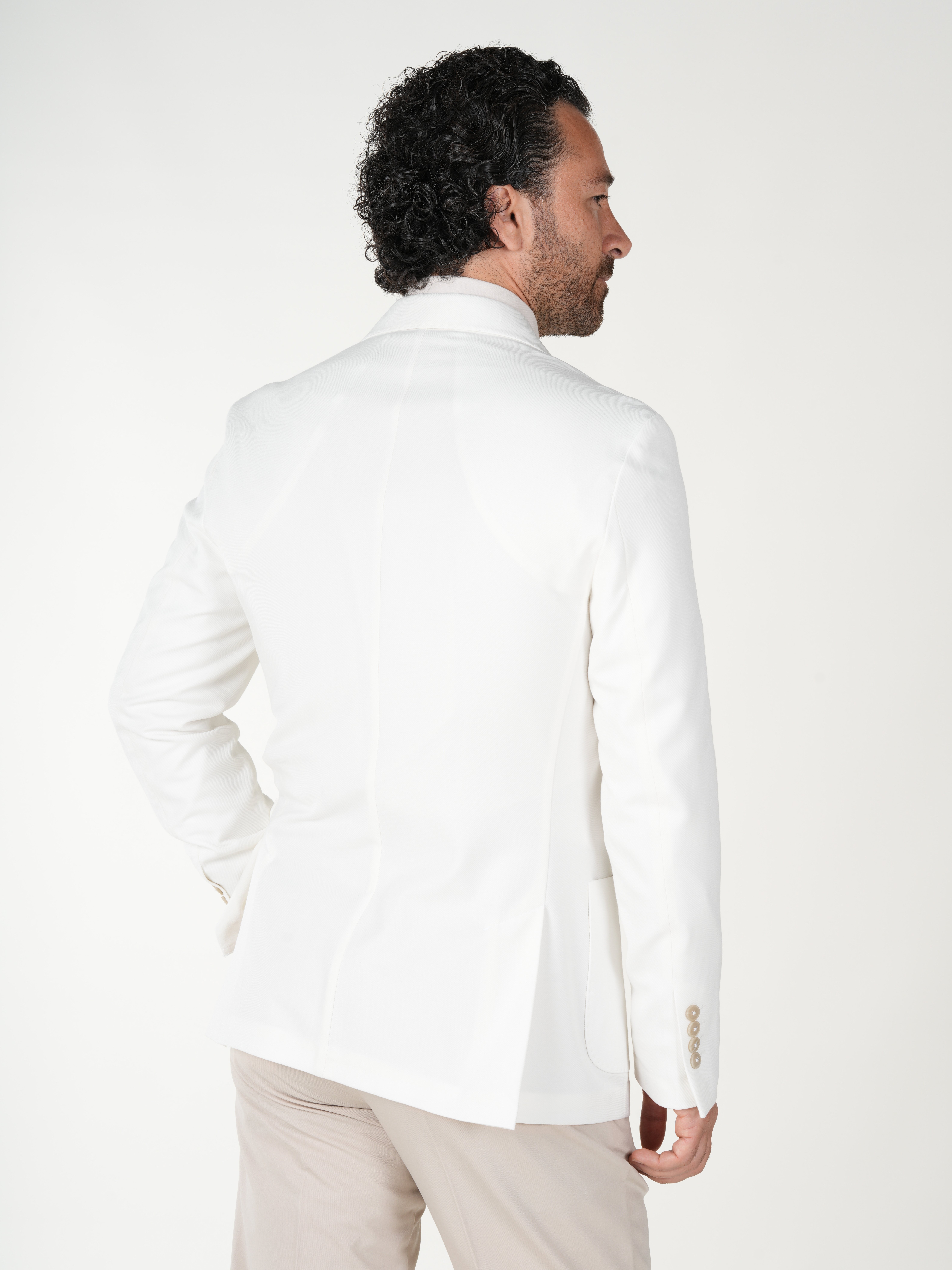 Premium Erkek Slim Fit İtalyan Stil Torba Cepli Punto Dikişli Astarsız Kruvaze Ceket-Beyaz