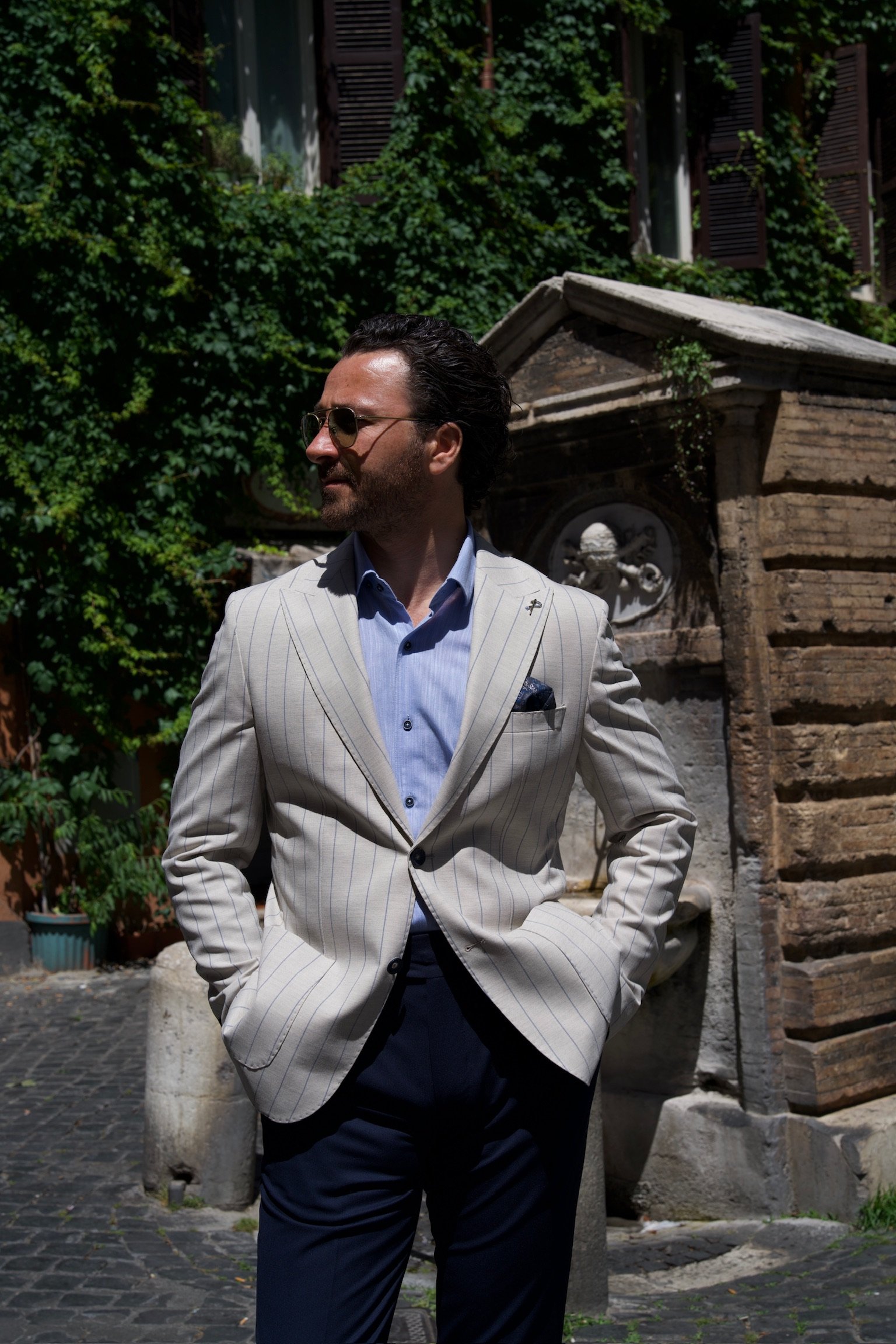 Premium Erkek Slim Fit İtalyan Stil Torba Cepli Punto Dikişli Astarsız Çizgili  Ceket-Krem