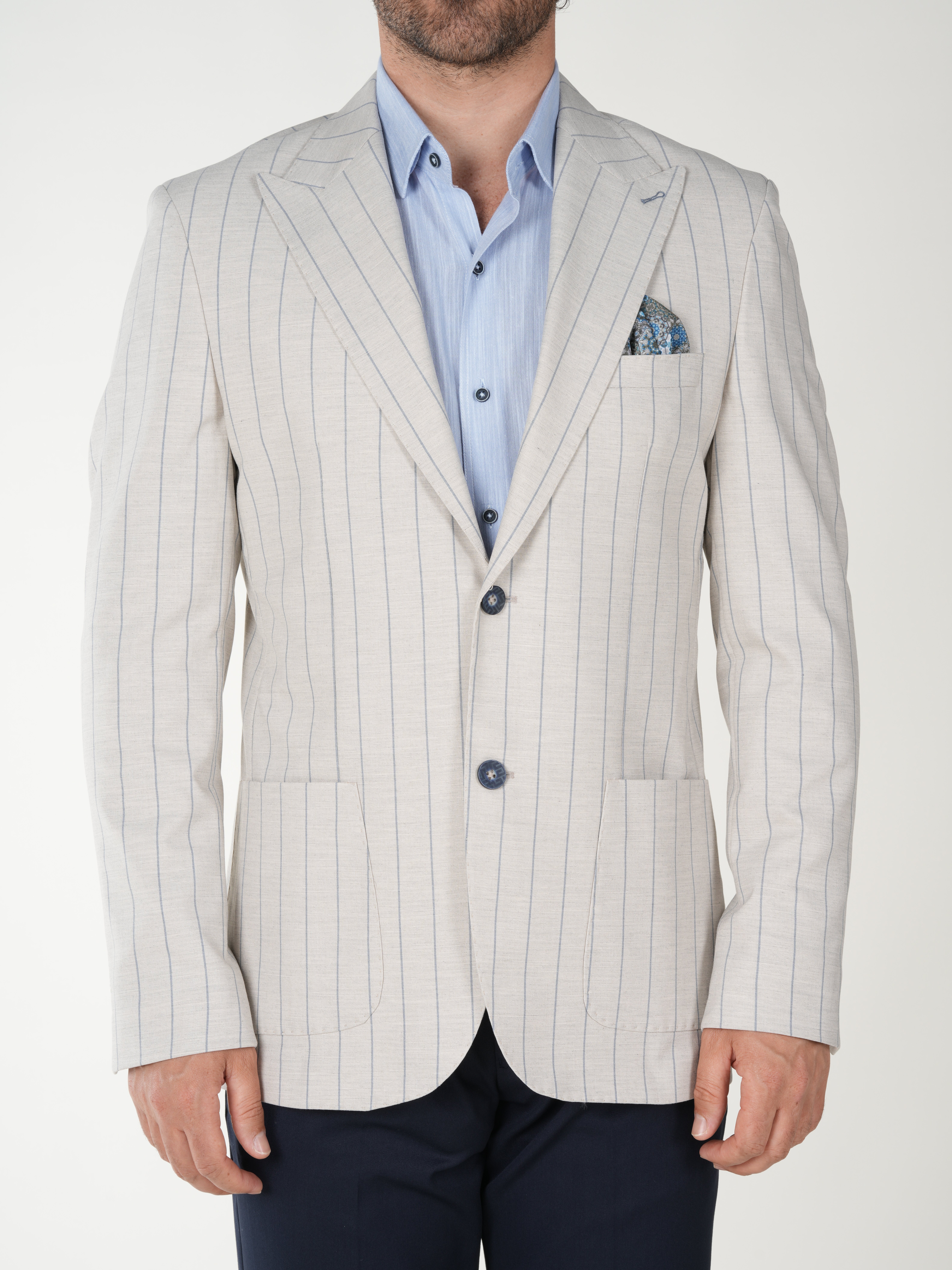 Premium Erkek Slim Fit İtalyan Stil Torba Cepli Punto Dikişli Astarsız Çizgili  Ceket-Krem