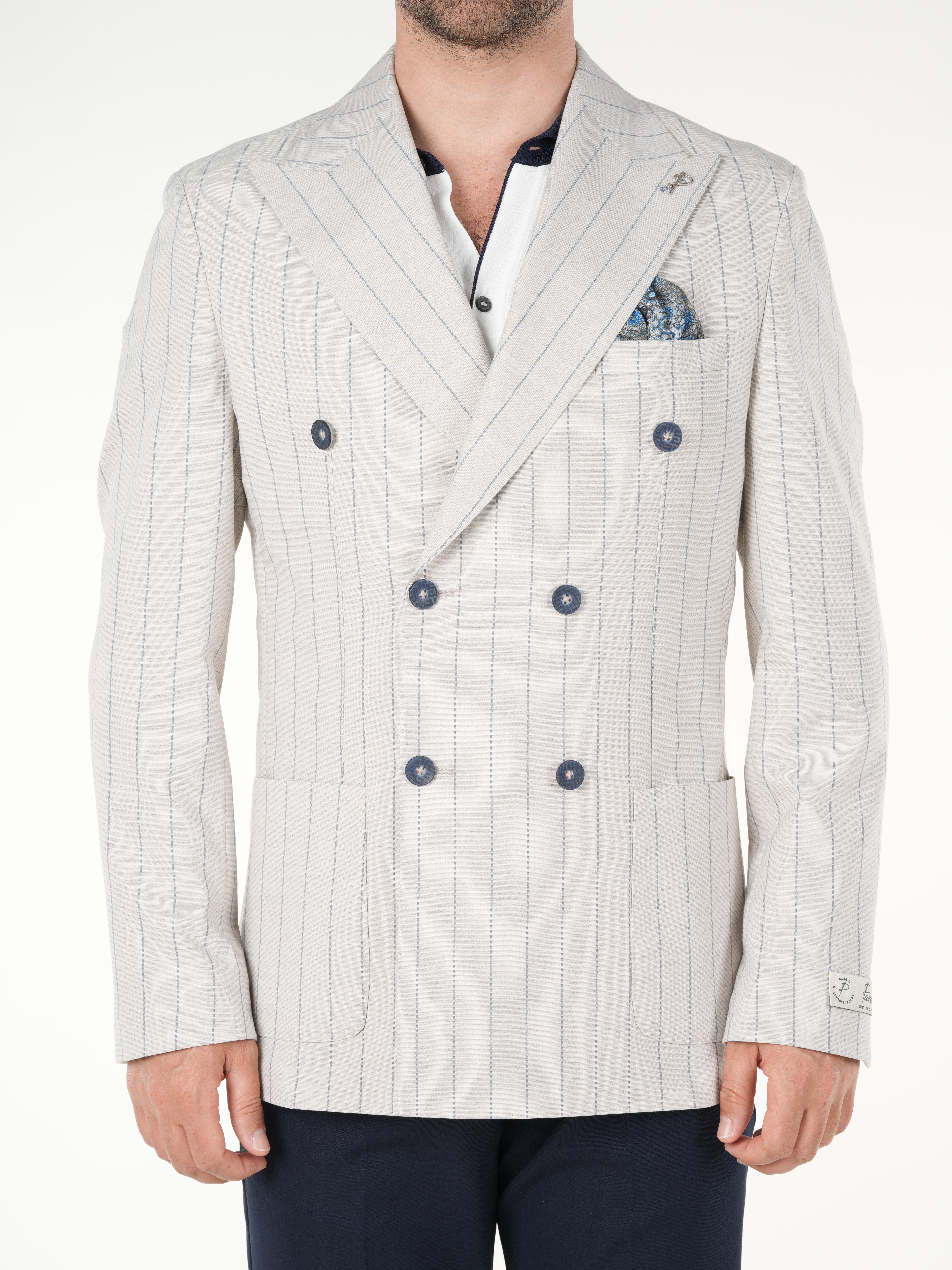 Premium Erkek Slim Fit İtalyan Stil Torba Cepli Punto Dikişli Astarsız Çizgili Kruvaze Ceket-Krem