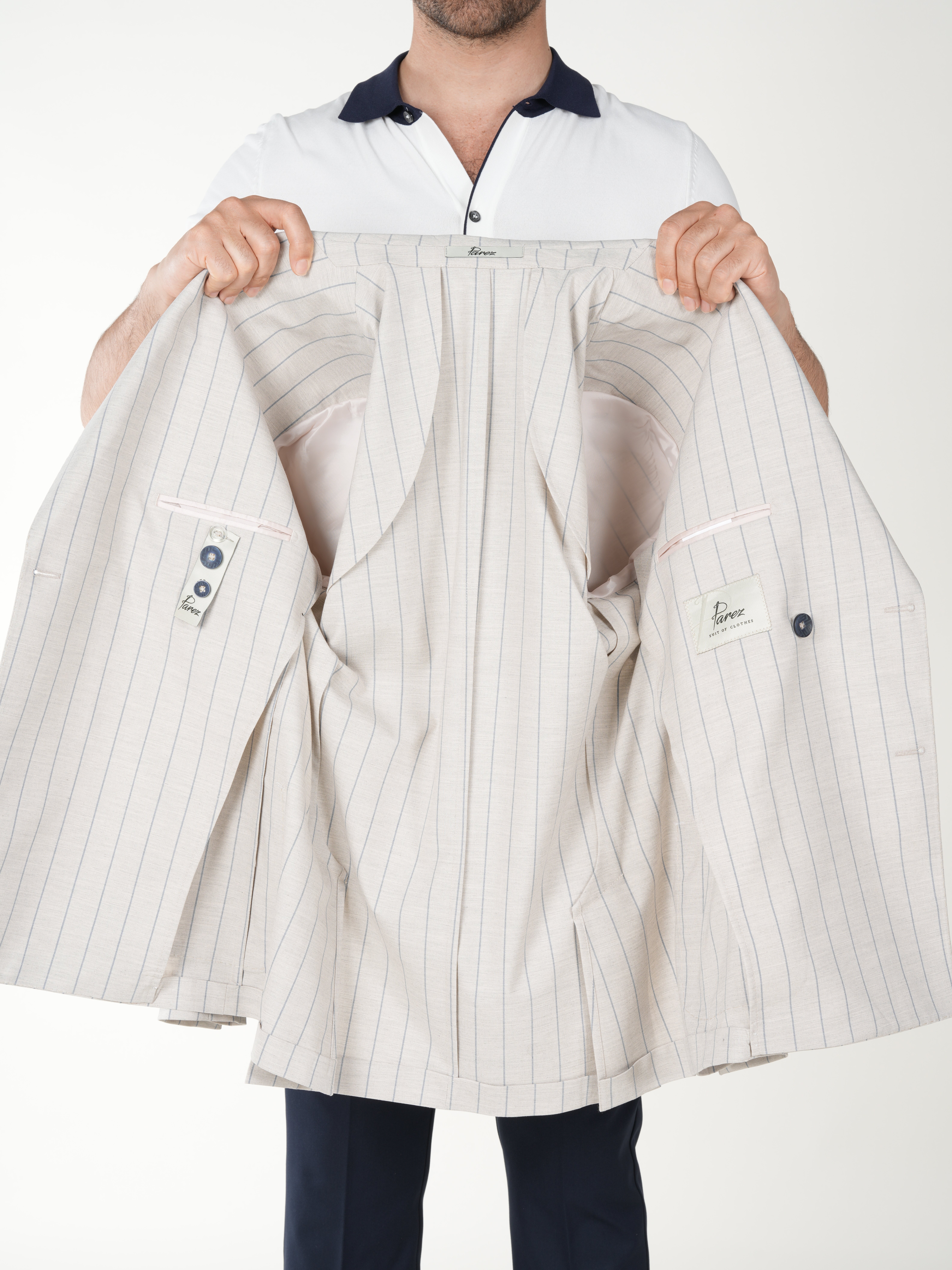 Premium Erkek Slim Fit İtalyan Stil Torba Cepli Punto Dikişli Astarsız Çizgili Kruvaze Ceket-Krem