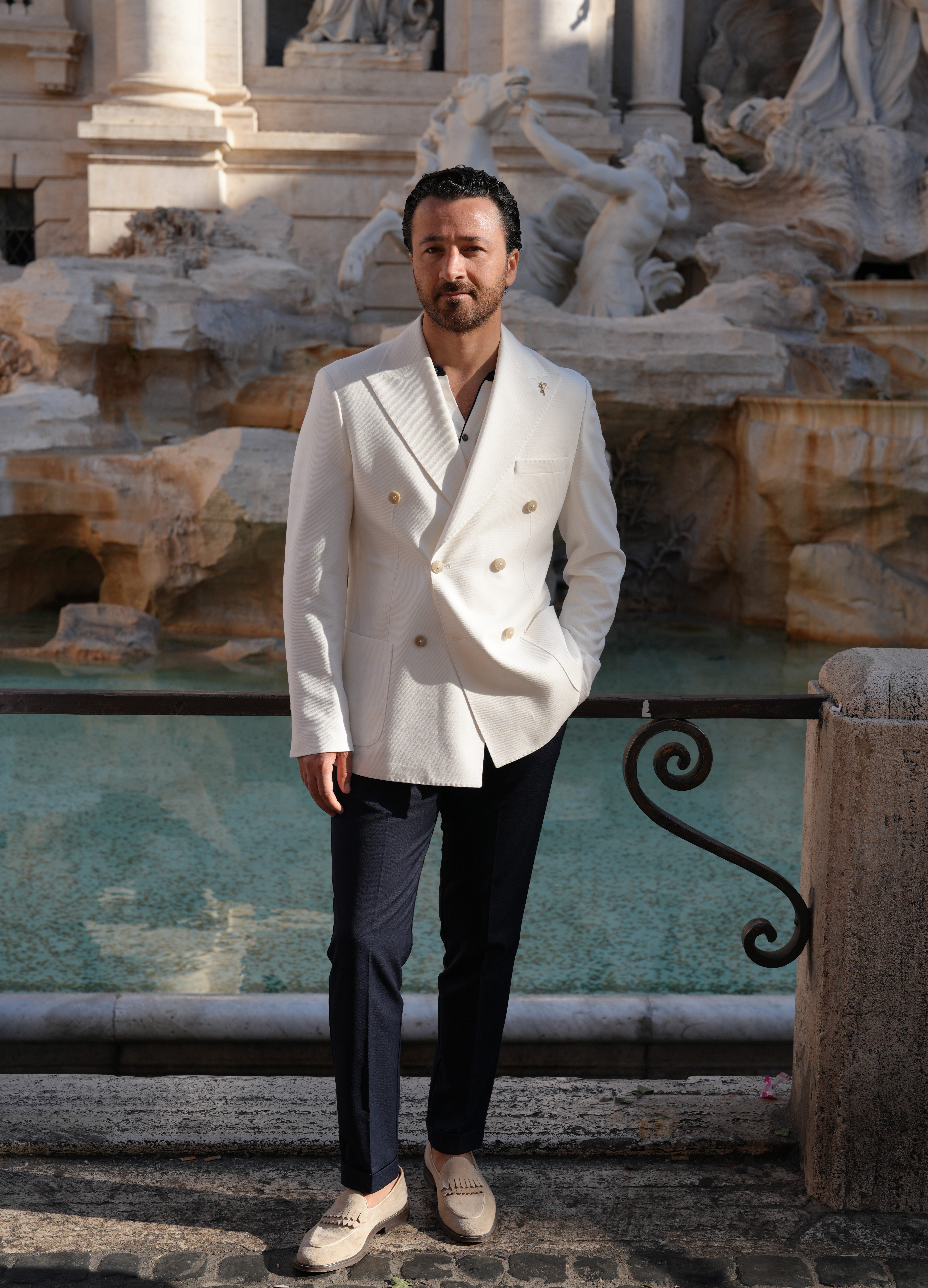 Premium Erkek Slim Fit İtalyan Stil Torba Cepli Punto Dikişli Astarsız Kruvaze Ceket-Beyaz