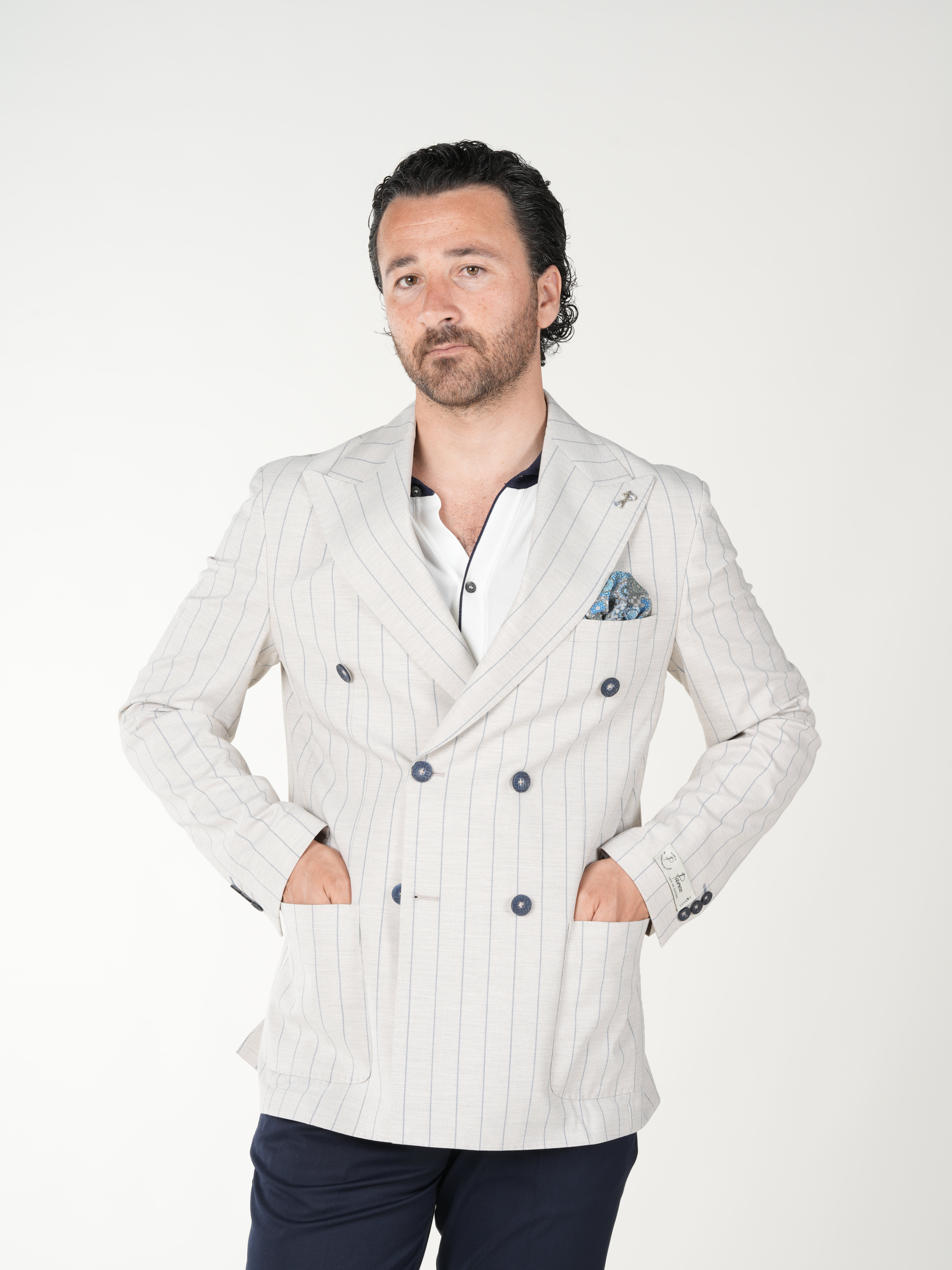 Premium Erkek Slim Fit İtalyan Stil Torba Cepli Punto Dikişli Astarsız Çizgili Kruvaze Ceket-Krem