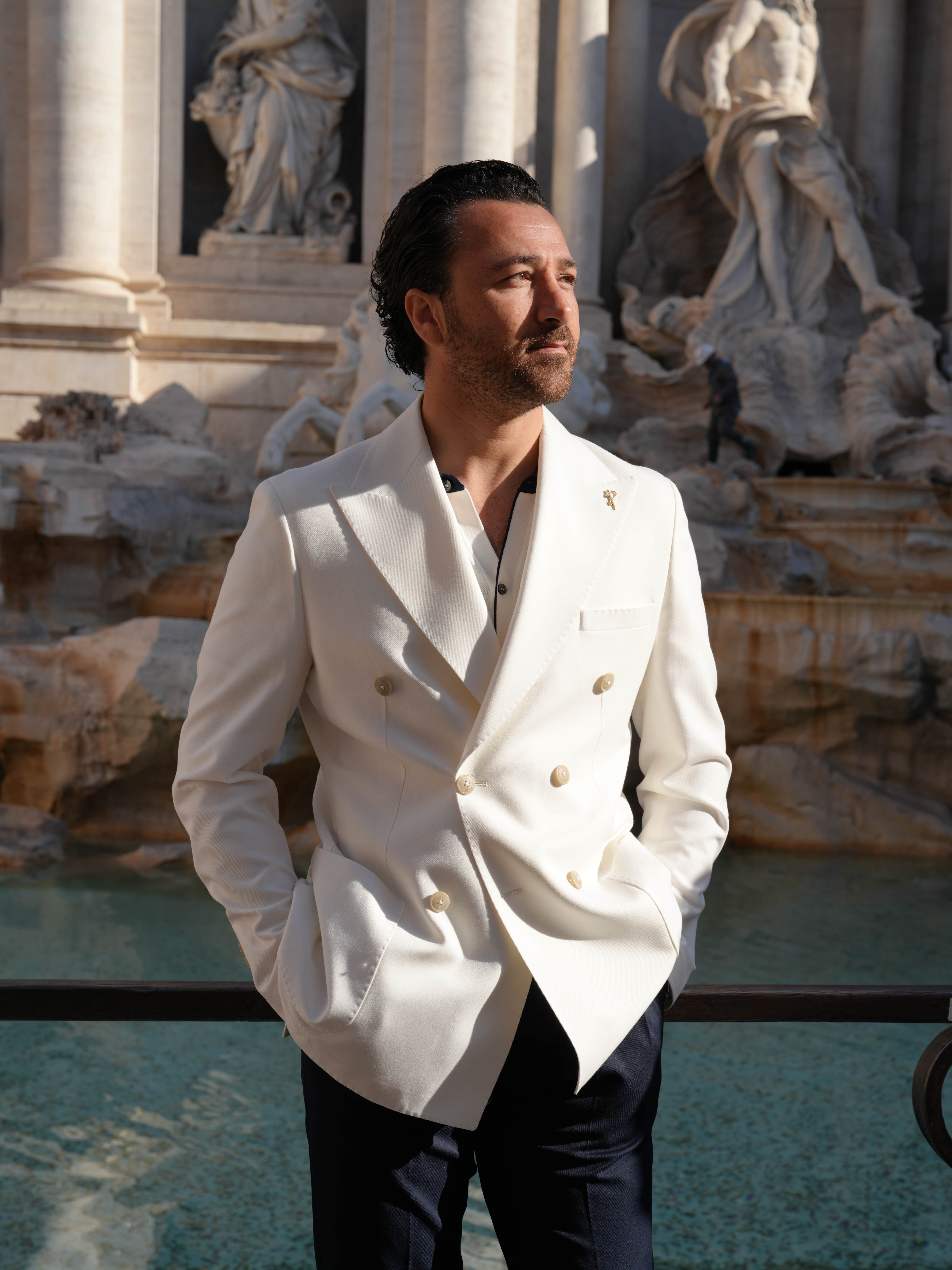 Premium Erkek Slim Fit İtalyan Stil Torba Cepli Punto Dikişli Astarsız Kruvaze Ceket-Beyaz
