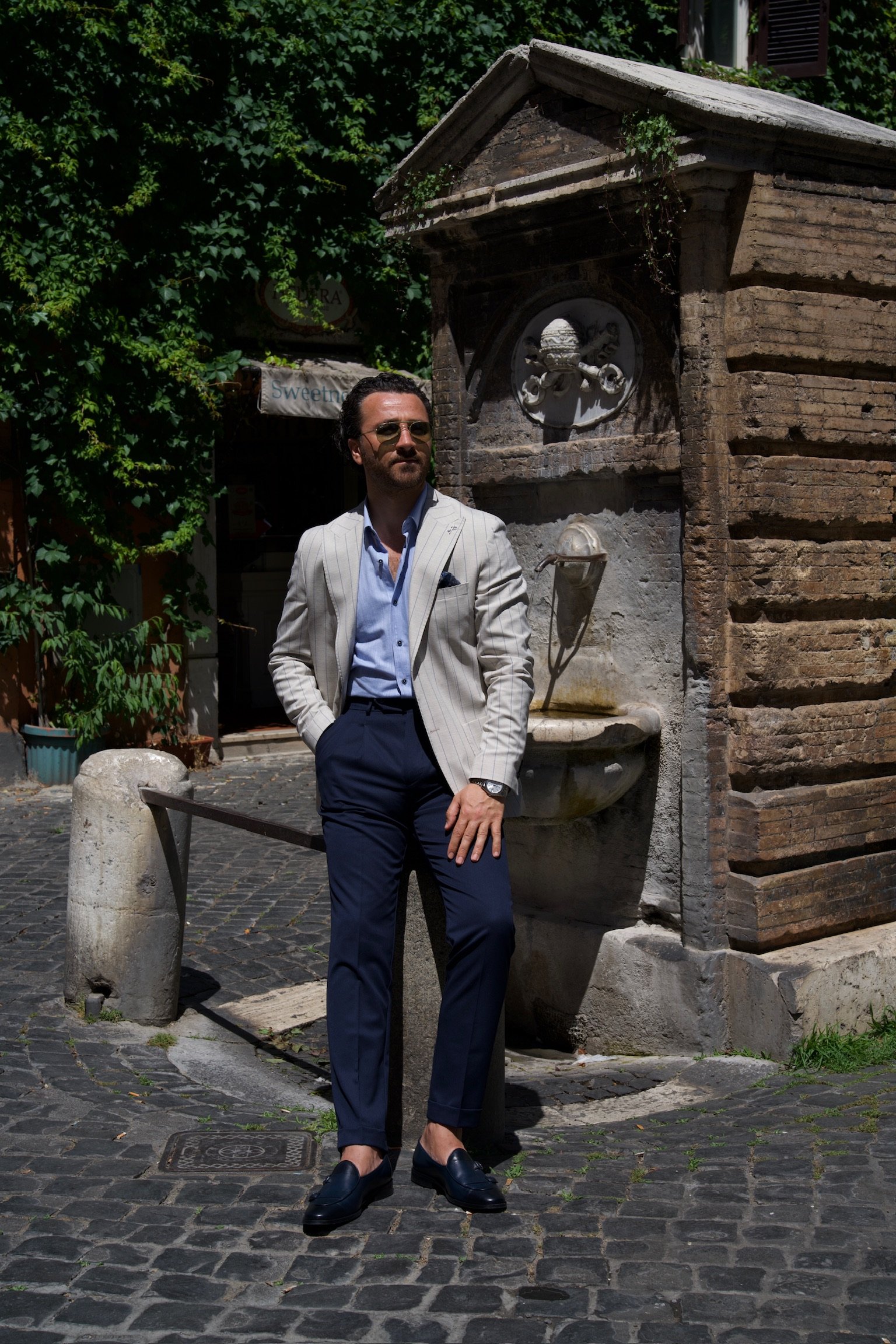 Premium Erkek Slim Fit İtalyan Stil Torba Cepli Punto Dikişli Astarsız Çizgili  Ceket-Krem