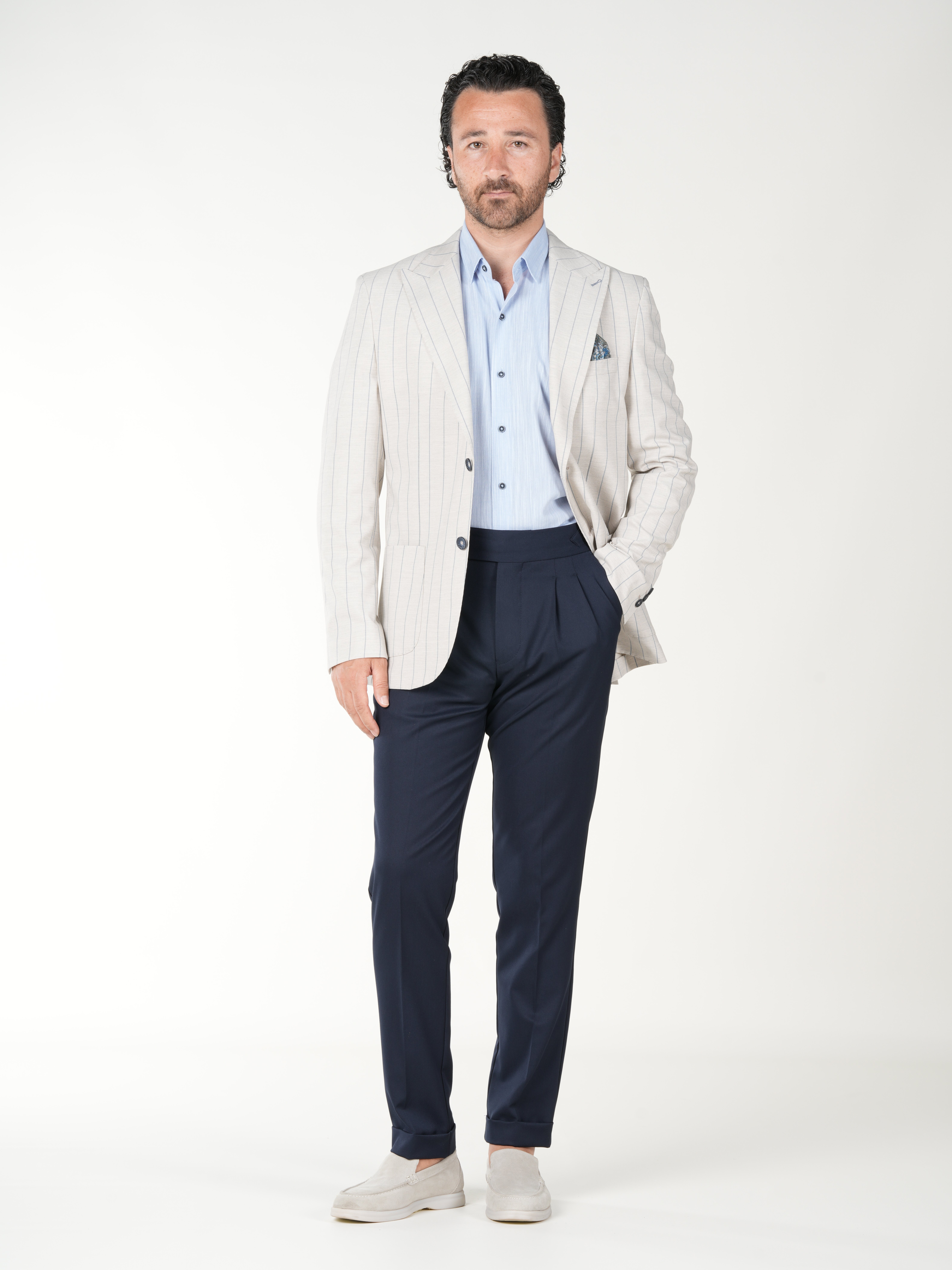 Premium Erkek Slim Fit İtalyan Stil Torba Cepli Punto Dikişli Astarsız Çizgili  Ceket-Krem