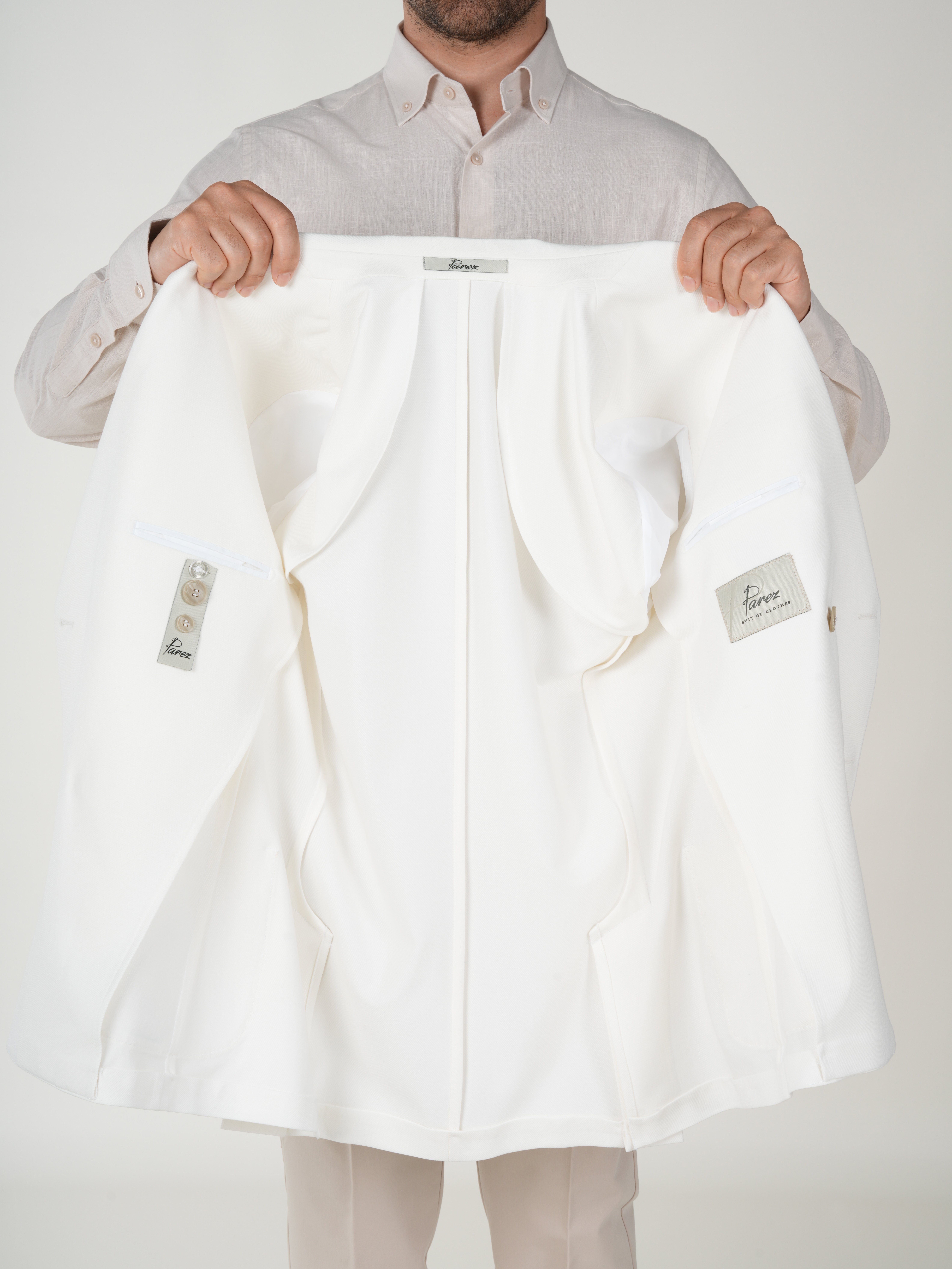 Premium Erkek Slim Fit İtalyan Stil Torba Cepli Punto Dikişli Astarsız Kruvaze Ceket-Beyaz