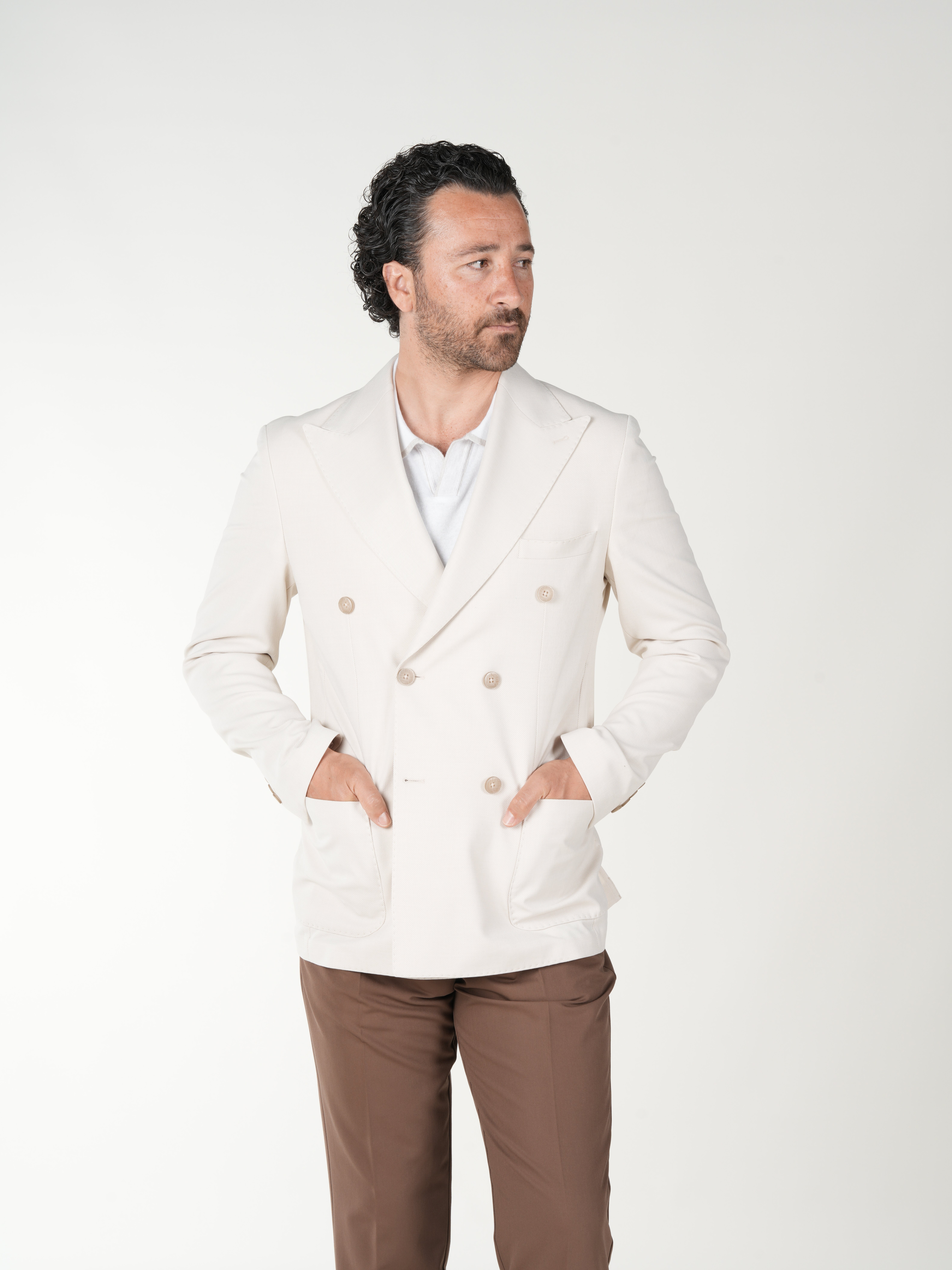 Premium Erkek Slim Fit İtalyan Stil Torba Cepli Punto Dikişli Astarsız Kruvaze Ceket-Bej