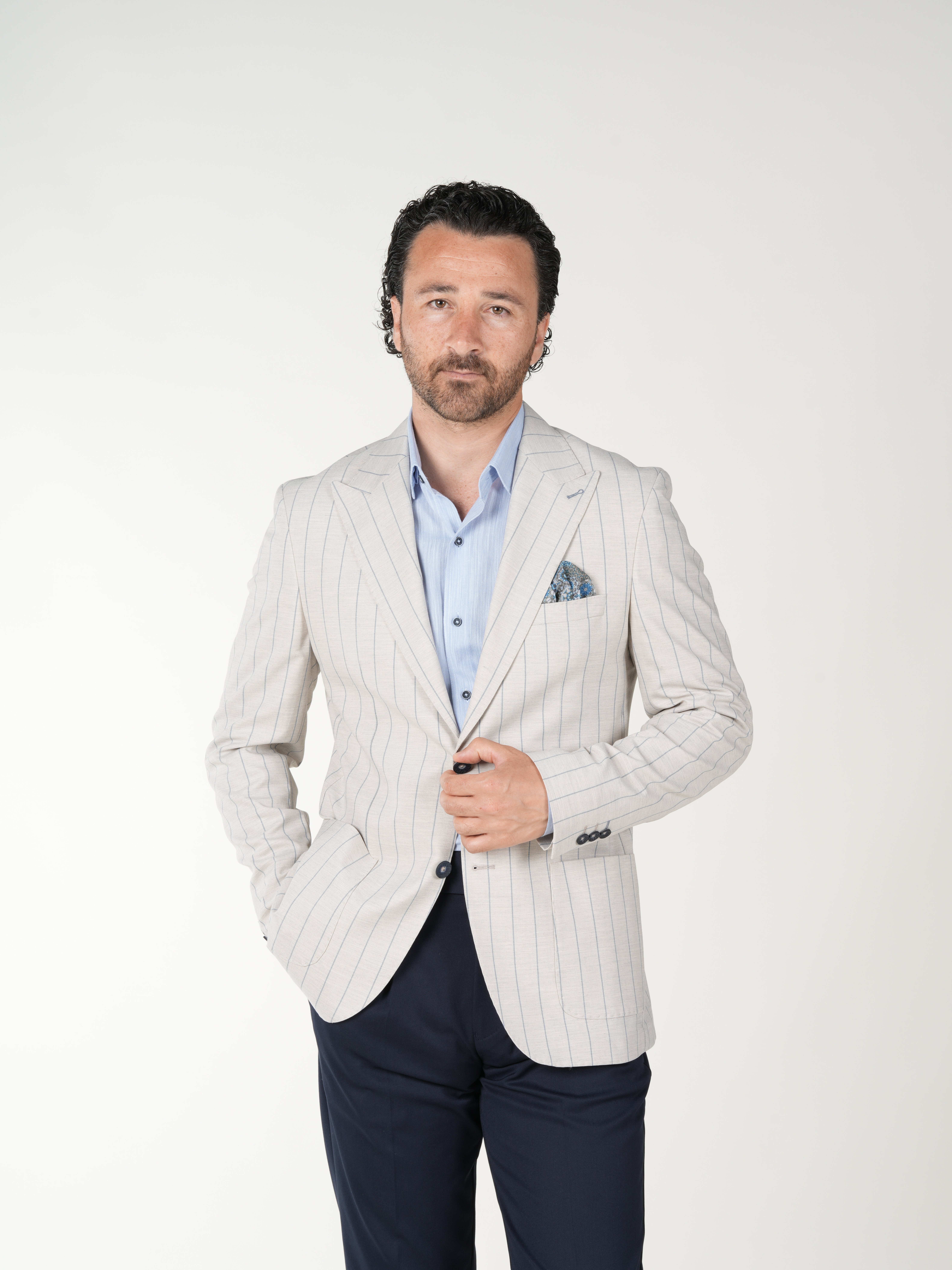 Premium Erkek Slim Fit İtalyan Stil Torba Cepli Punto Dikişli Astarsız Çizgili  Ceket-Krem