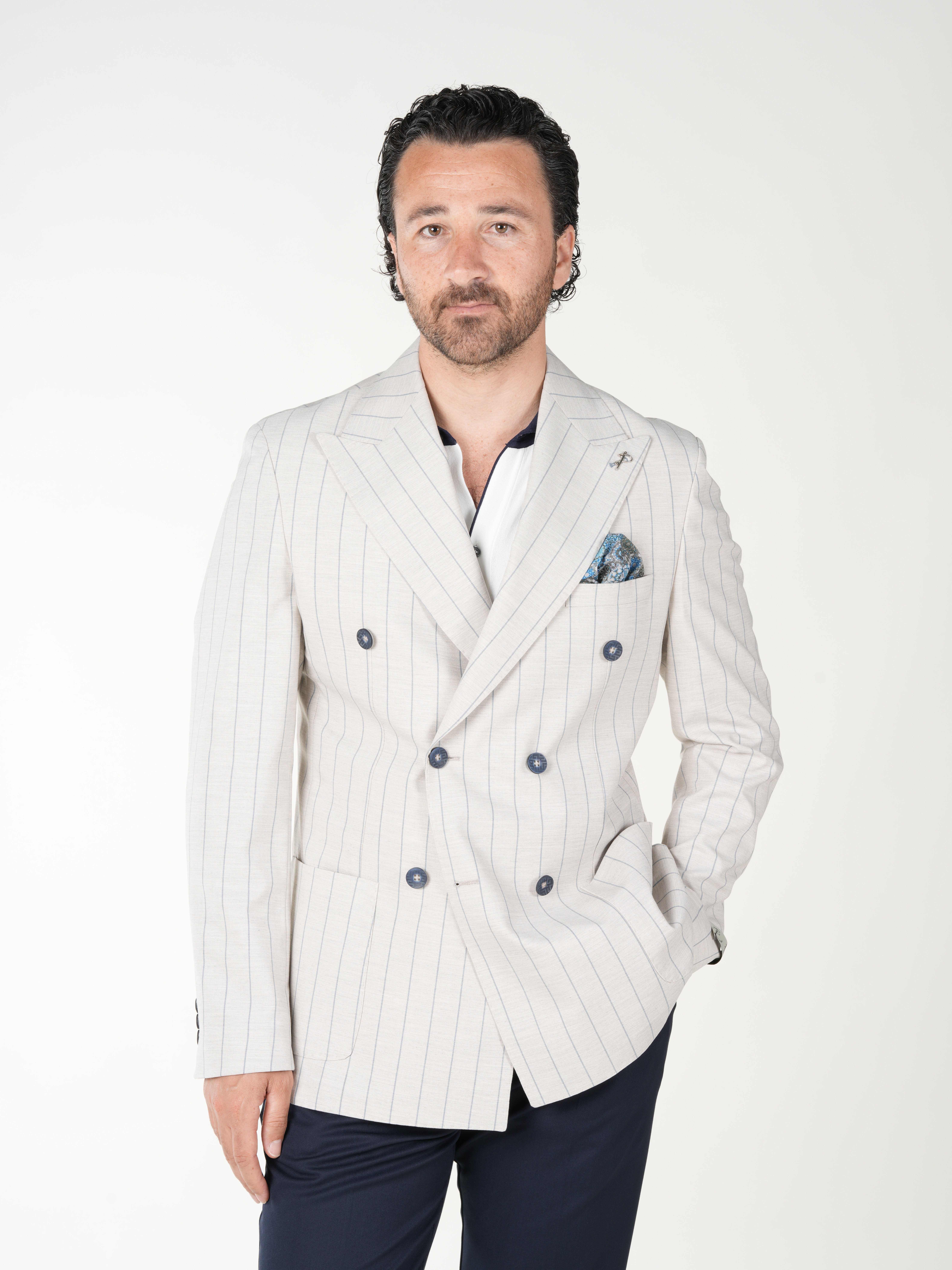 Premium Erkek Slim Fit İtalyan Stil Torba Cepli Punto Dikişli Astarsız Çizgili Kruvaze Ceket-Krem