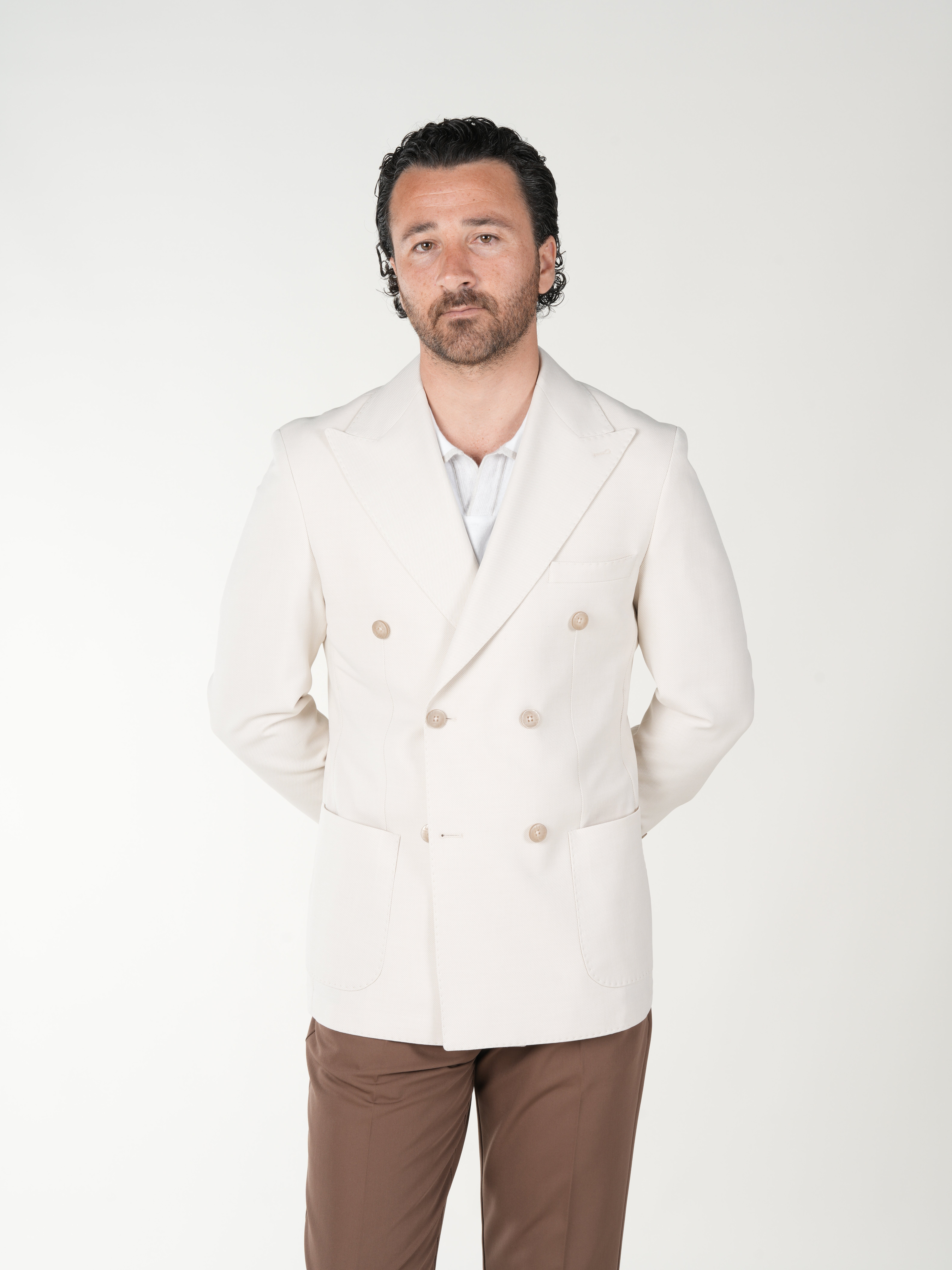 Premium Erkek Slim Fit İtalyan Stil Torba Cepli Punto Dikişli Astarsız Kruvaze Ceket-Bej