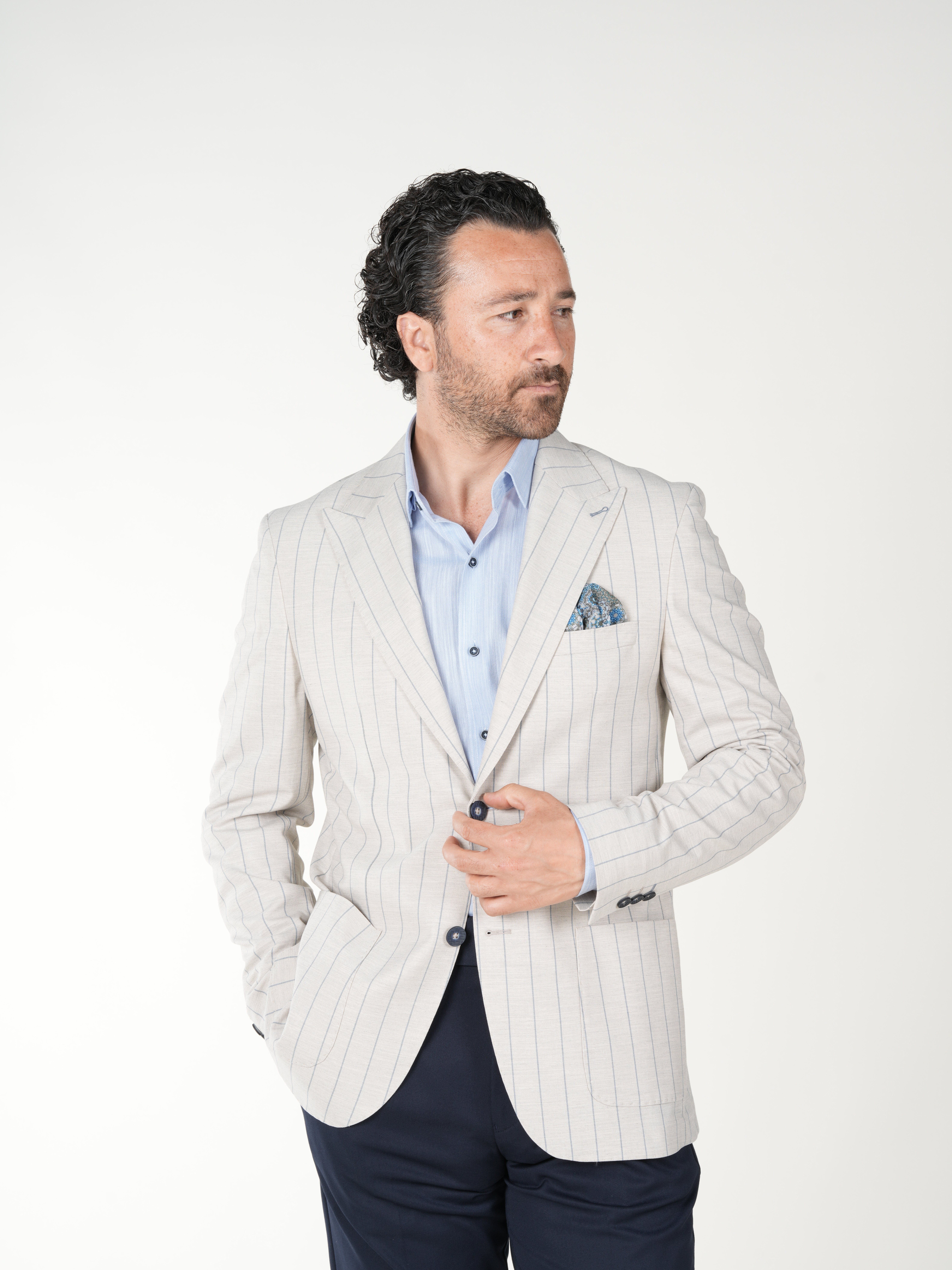 Premium Erkek Slim Fit İtalyan Stil Torba Cepli Punto Dikişli Astarsız Çizgili  Ceket-Krem