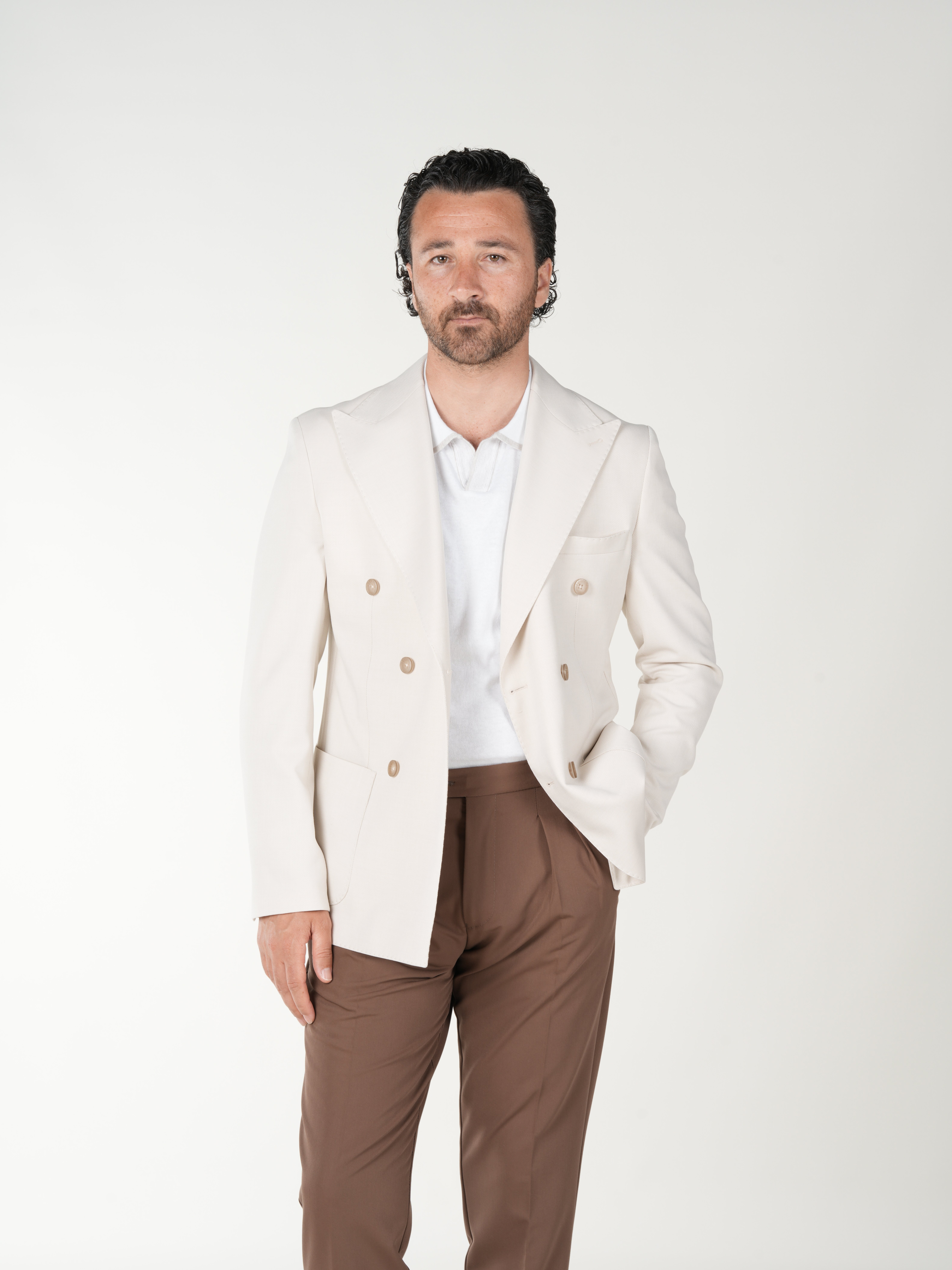 Premium Erkek Slim Fit İtalyan Stil Torba Cepli Punto Dikişli Astarsız Kruvaze Ceket-Bej