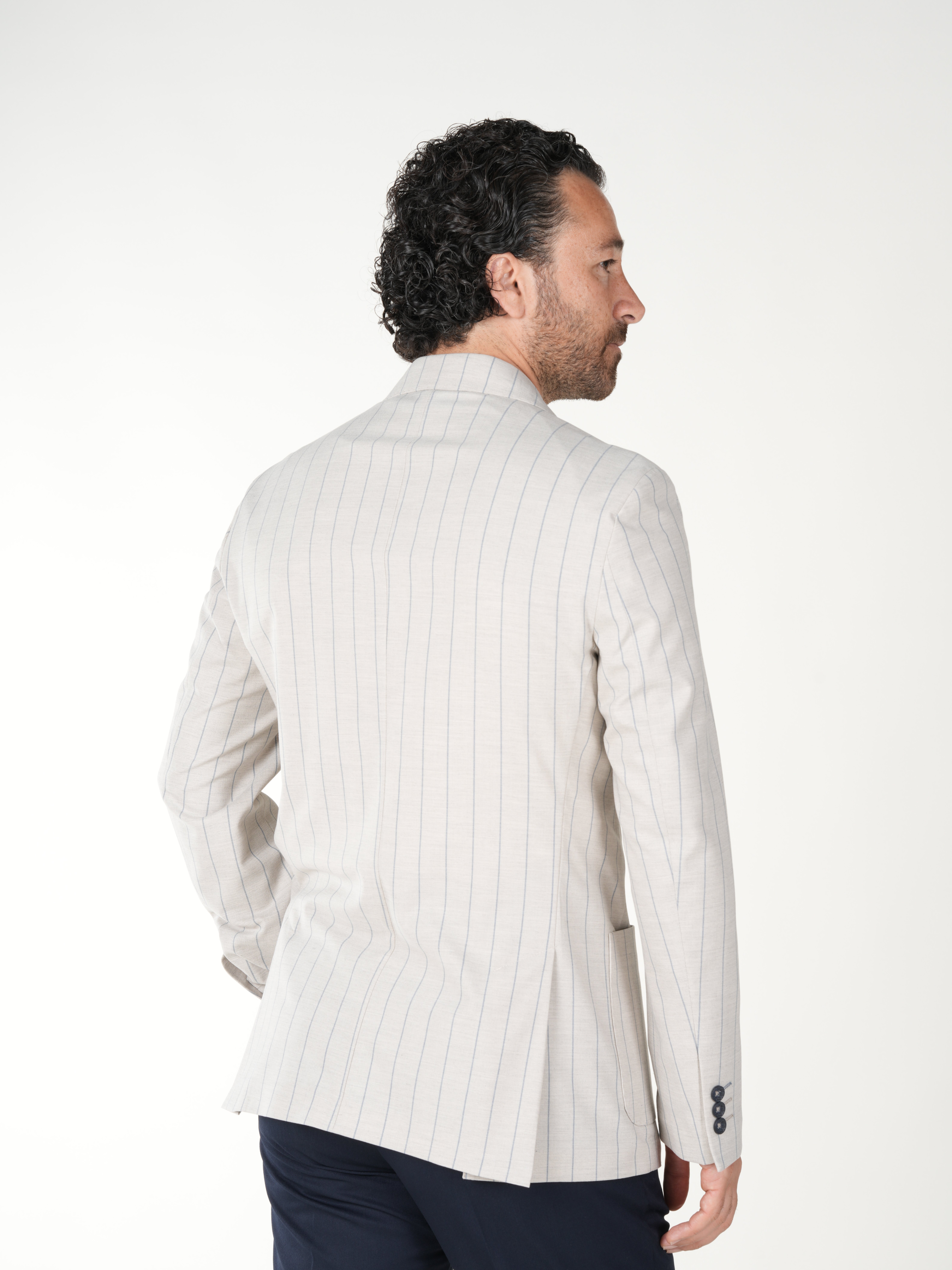Premium Erkek Slim Fit İtalyan Stil Torba Cepli Punto Dikişli Astarsız Çizgili Kruvaze Ceket-Krem