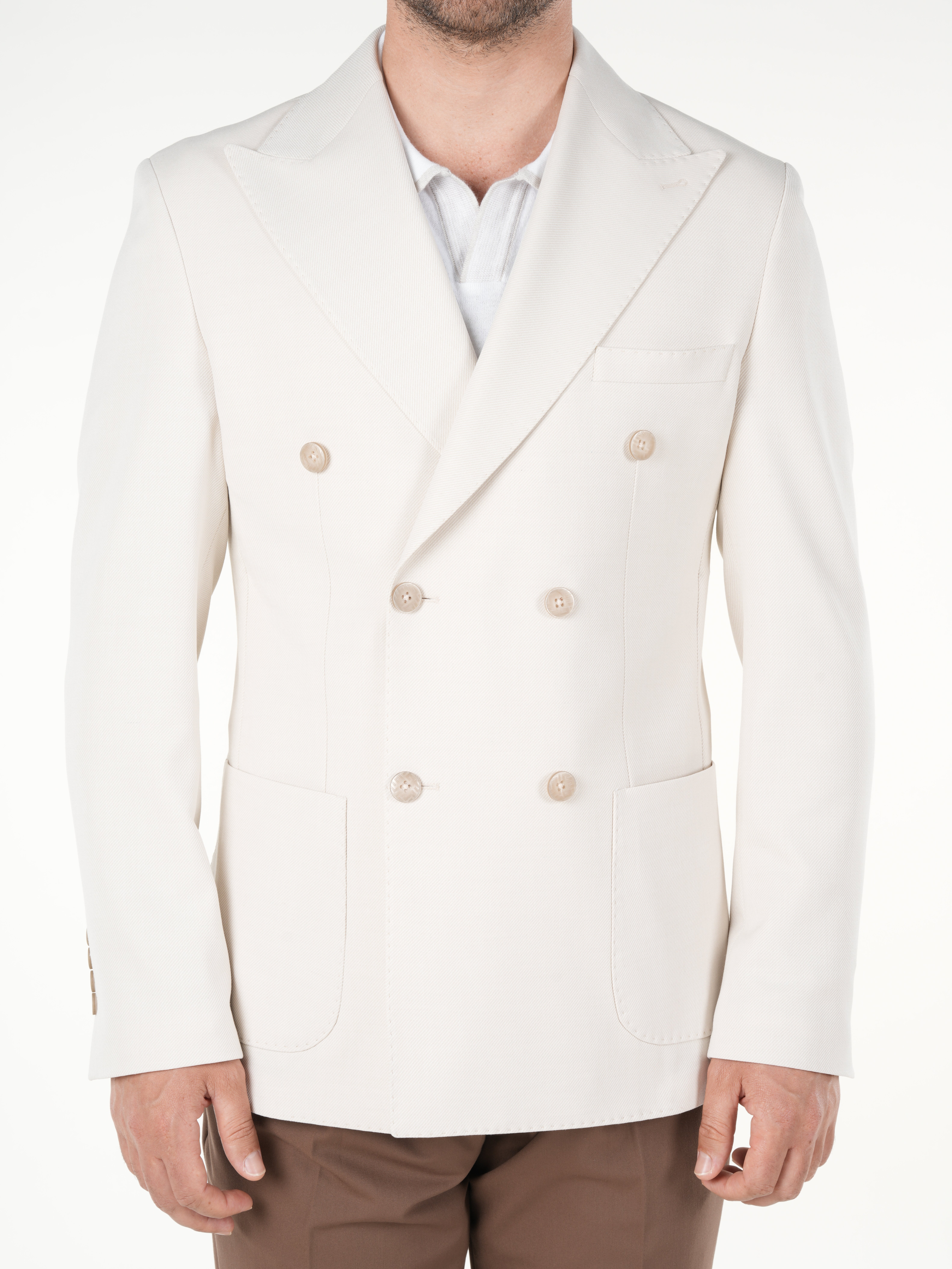 Premium Erkek Slim Fit İtalyan Stil Torba Cepli Punto Dikişli Astarsız Kruvaze Ceket-Bej