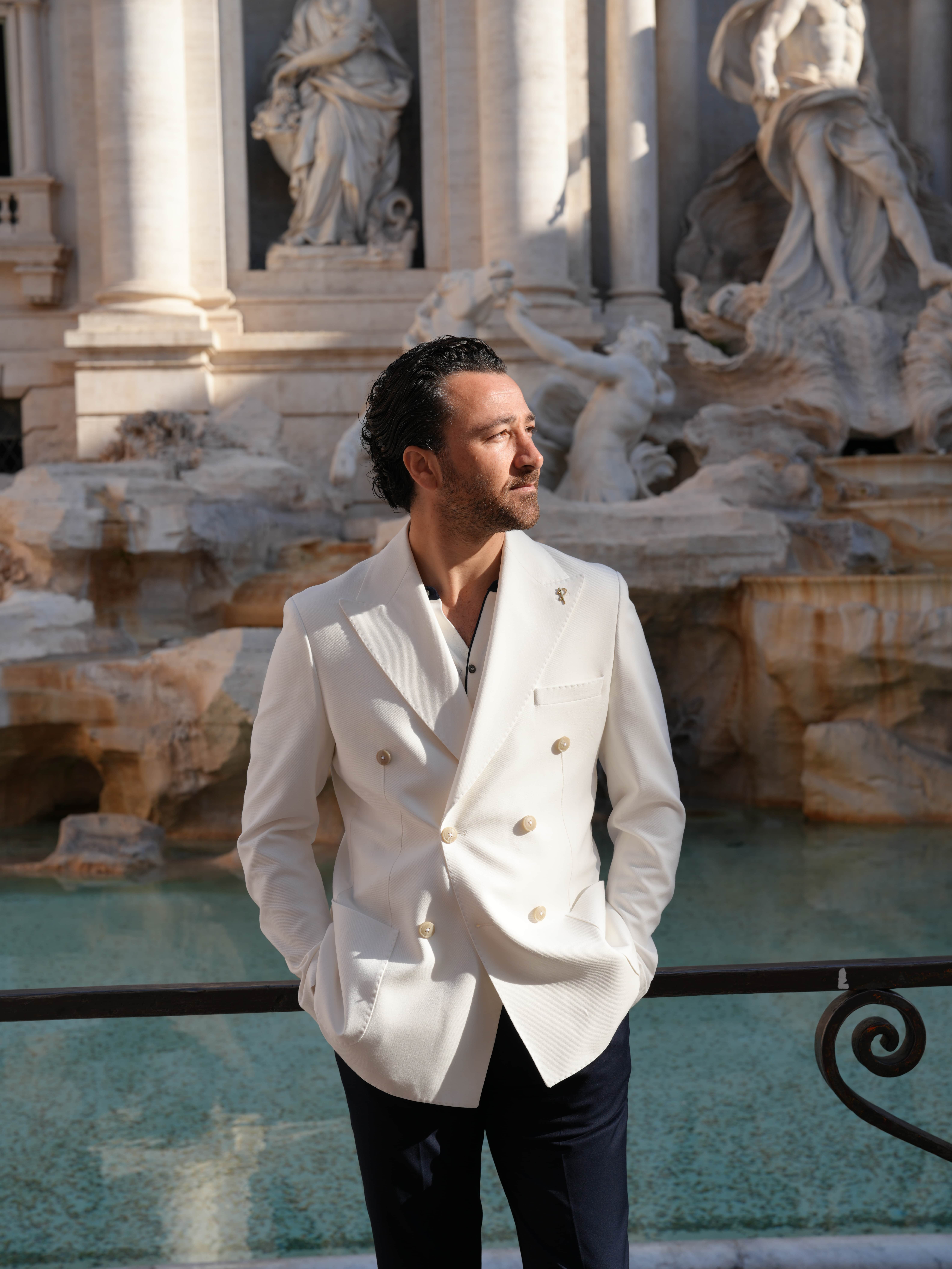 Premium Erkek Slim Fit İtalyan Stil Torba Cepli Punto Dikişli Astarsız Kruvaze Ceket-Beyaz