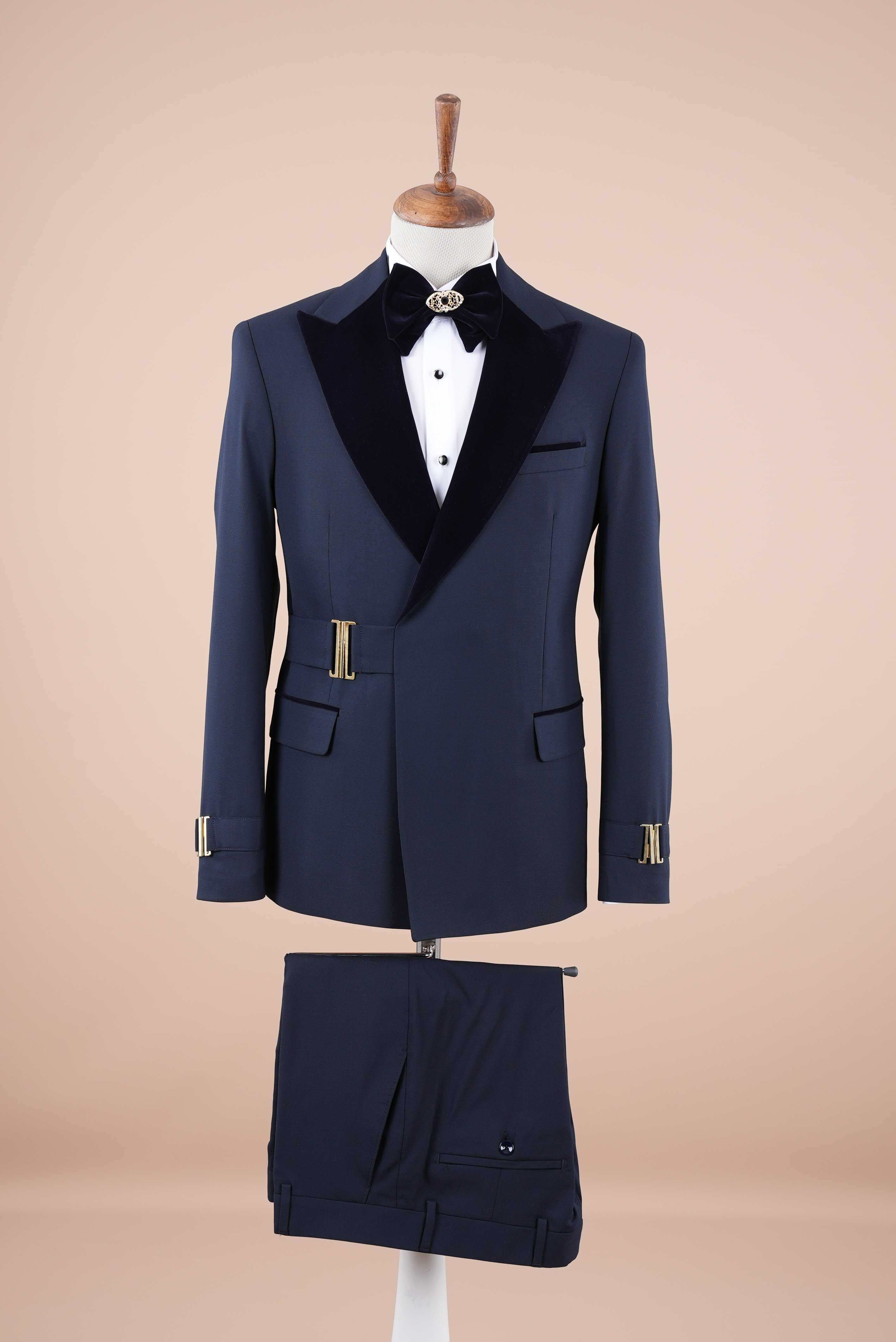 Premium Erkek Tokalı Kruvaze Damatlık Slim fit İtalyan Stil Ceket Pantolon Papyon - Lacivert