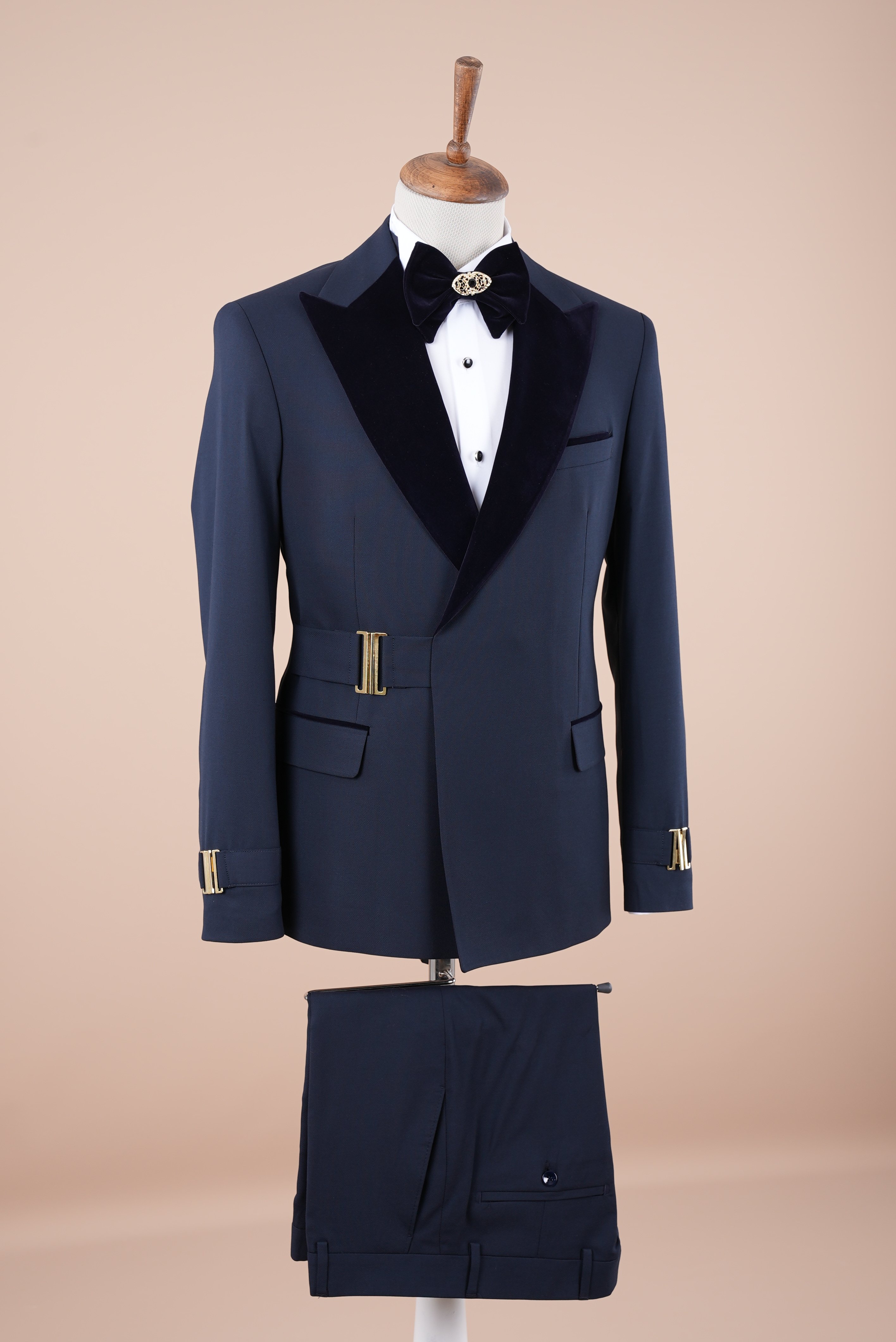 Premium Erkek Tokalı Kruvaze Damatlık Slim fit İtalyan Stil Ceket Pantolon Papyon - Lacivert