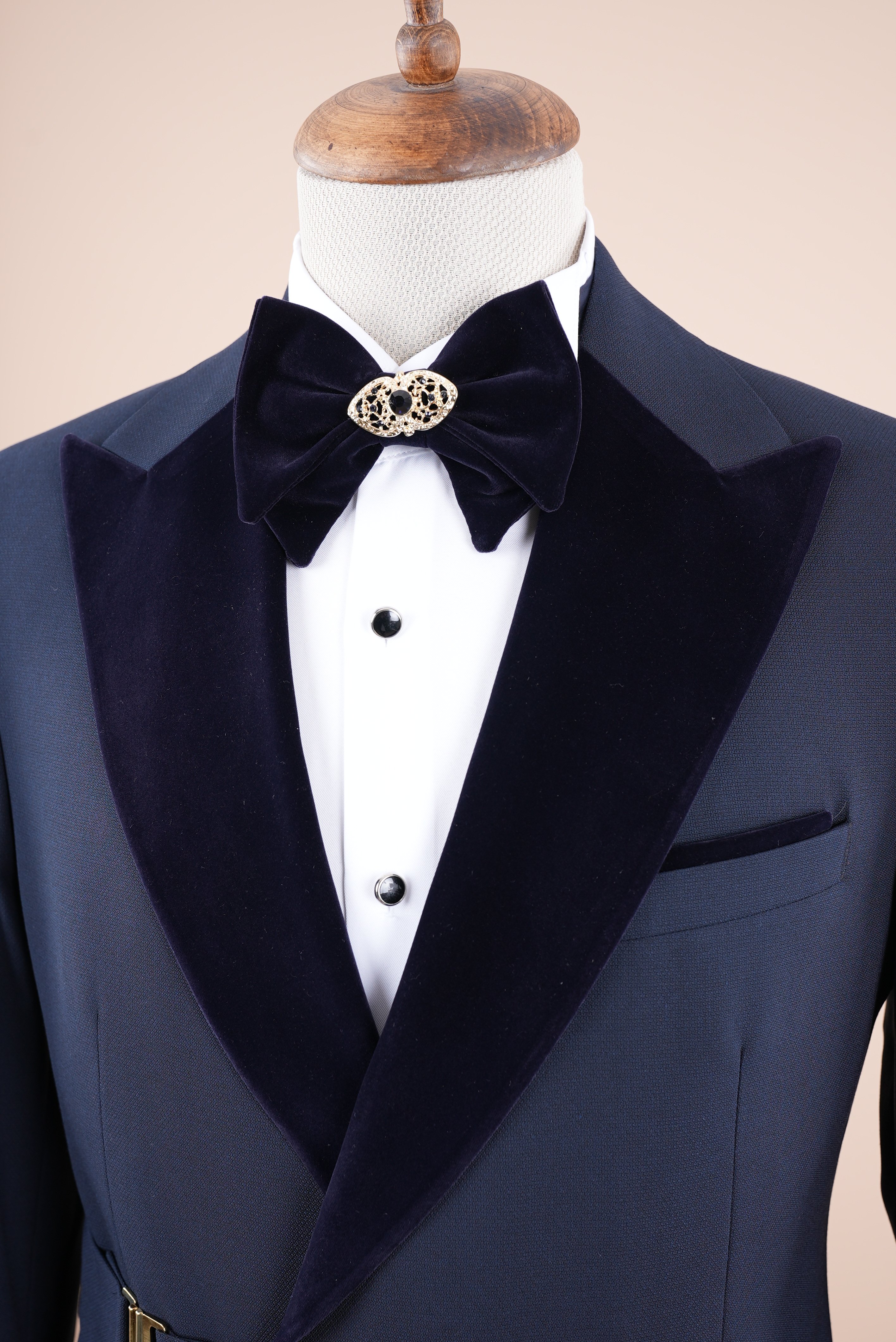 Premium Erkek Tokalı Kruvaze Damatlık Slim fit İtalyan Stil Ceket Pantolon Papyon - Lacivert