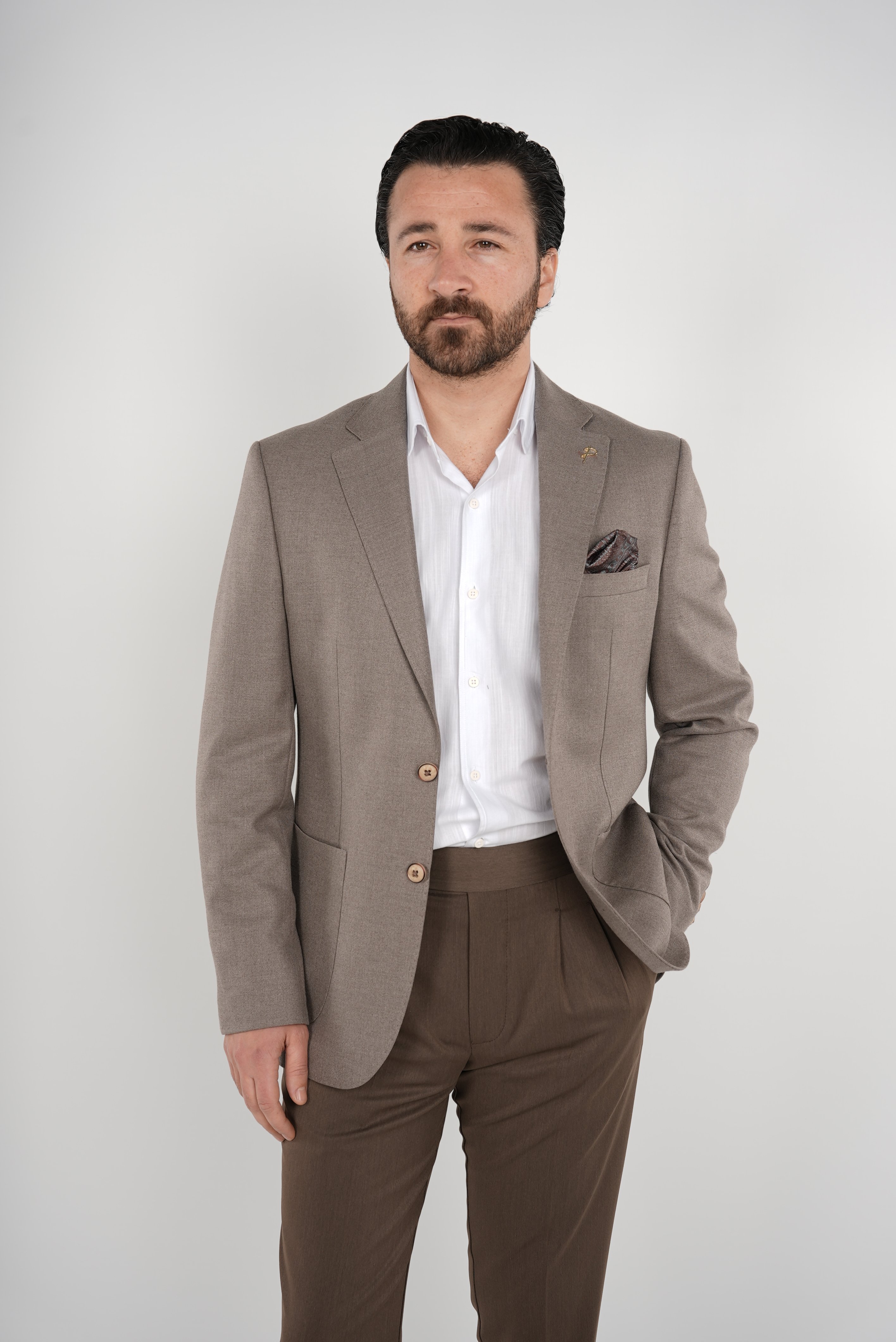 Premium İtalyan Stil Slim Fit Erkek Punto Dikişli Torba Cepli Yarım Astarlı Ceket-Sütlü Kahve