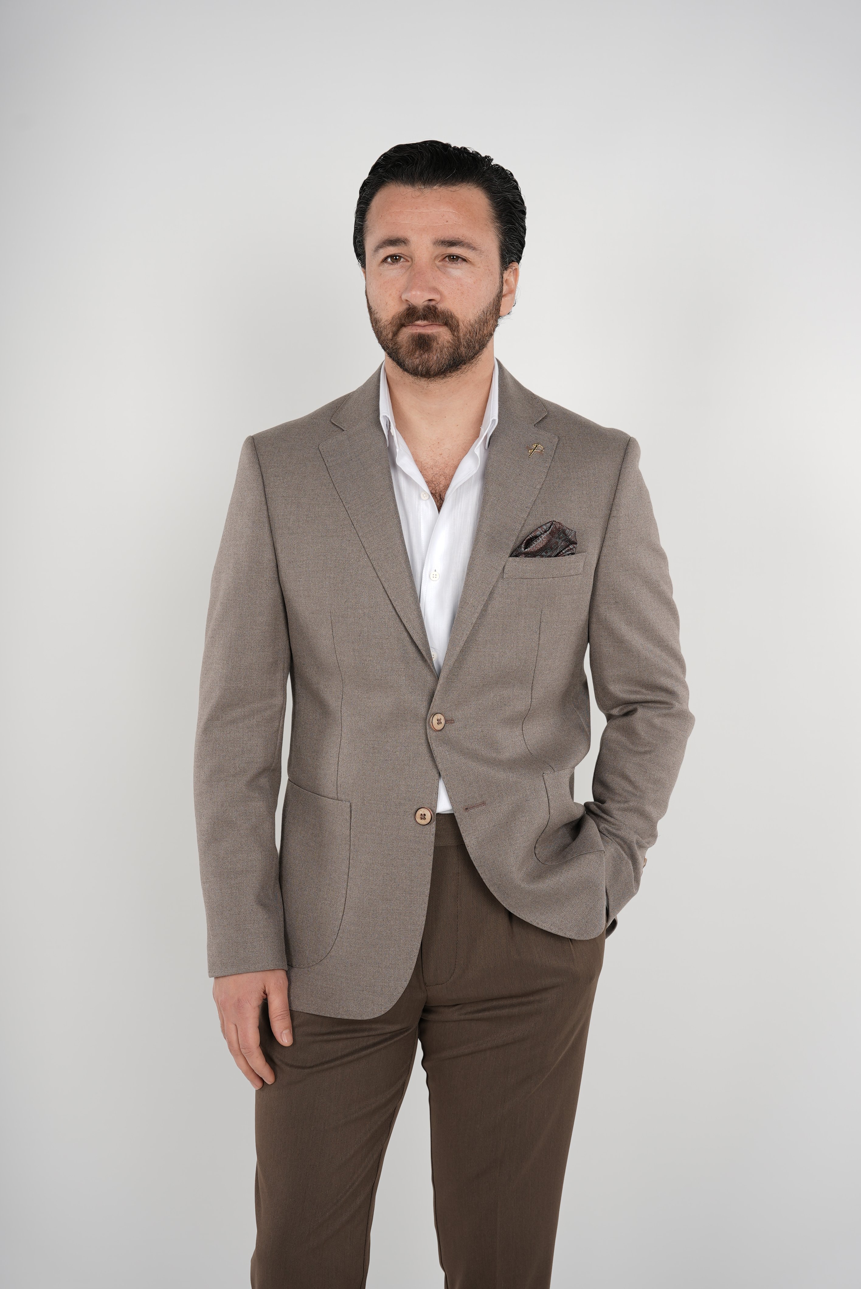Premium İtalyan Stil Slim Fit Erkek Punto Dikişli Torba Cepli Yarım Astarlı Ceket-Sütlü Kahve