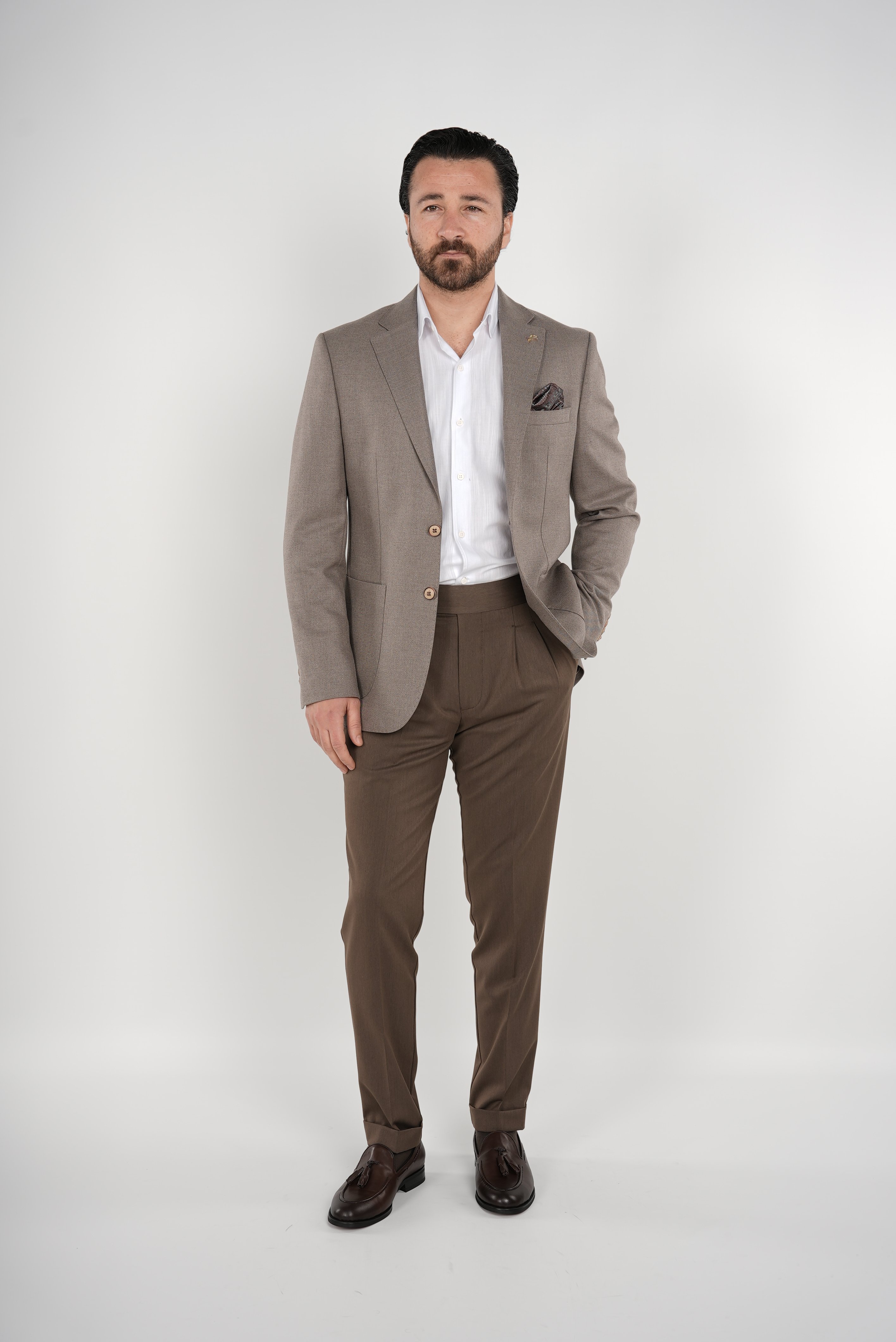 Premium İtalyan Stil Slim Fit Erkek Punto Dikişli Torba Cepli Yarım Astarlı Ceket-Sütlü Kahve