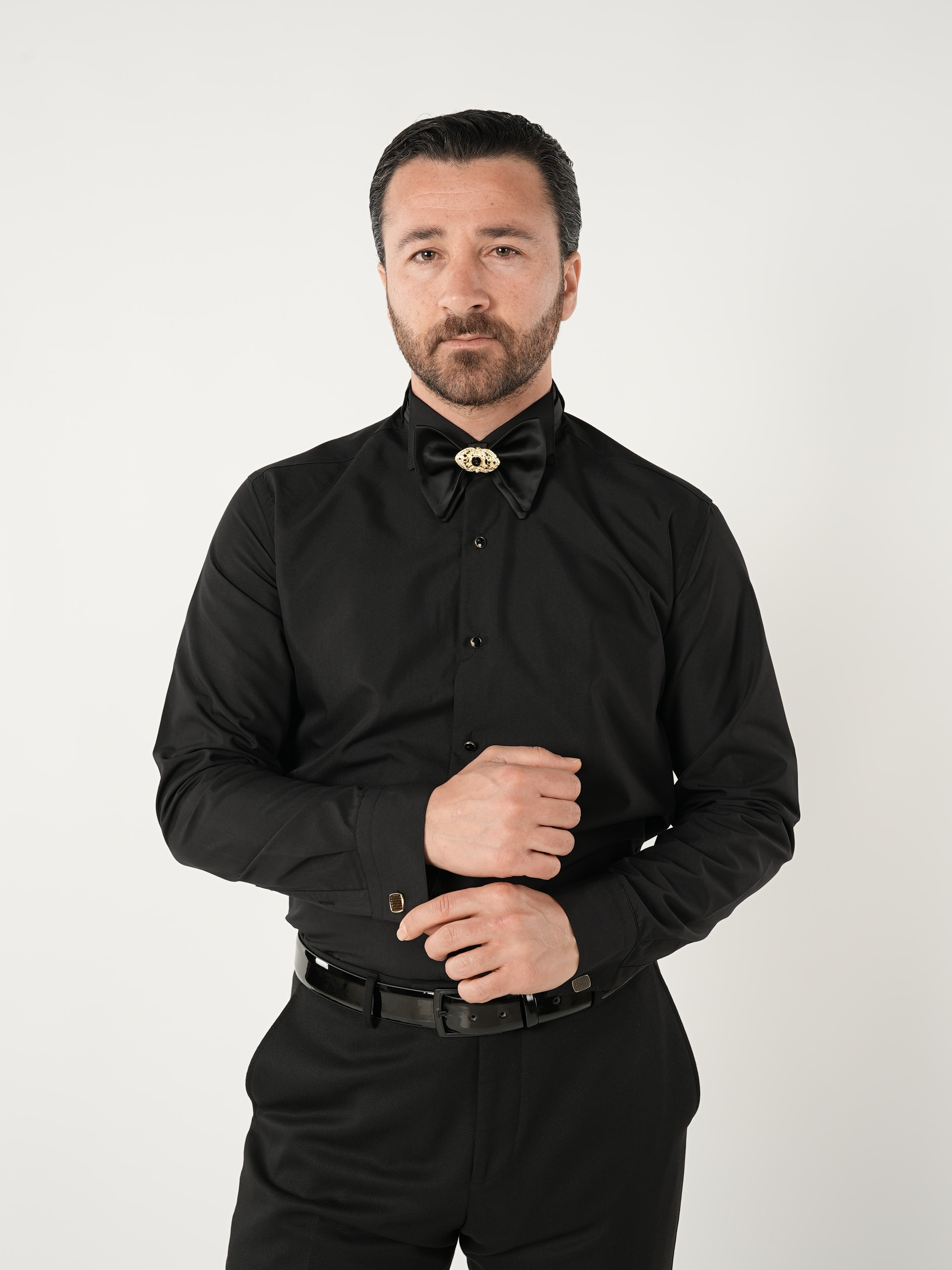 Slim Fit Damatlık Gömlek-Siyah