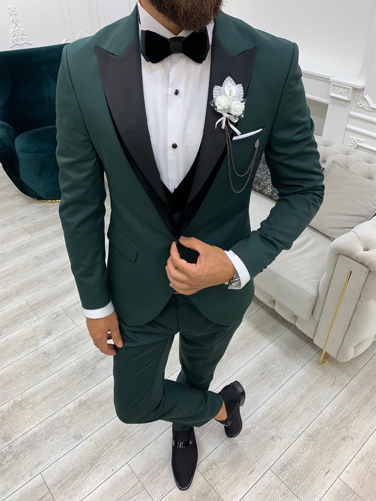Slim Fit Damatlık Smokin - Yeşil