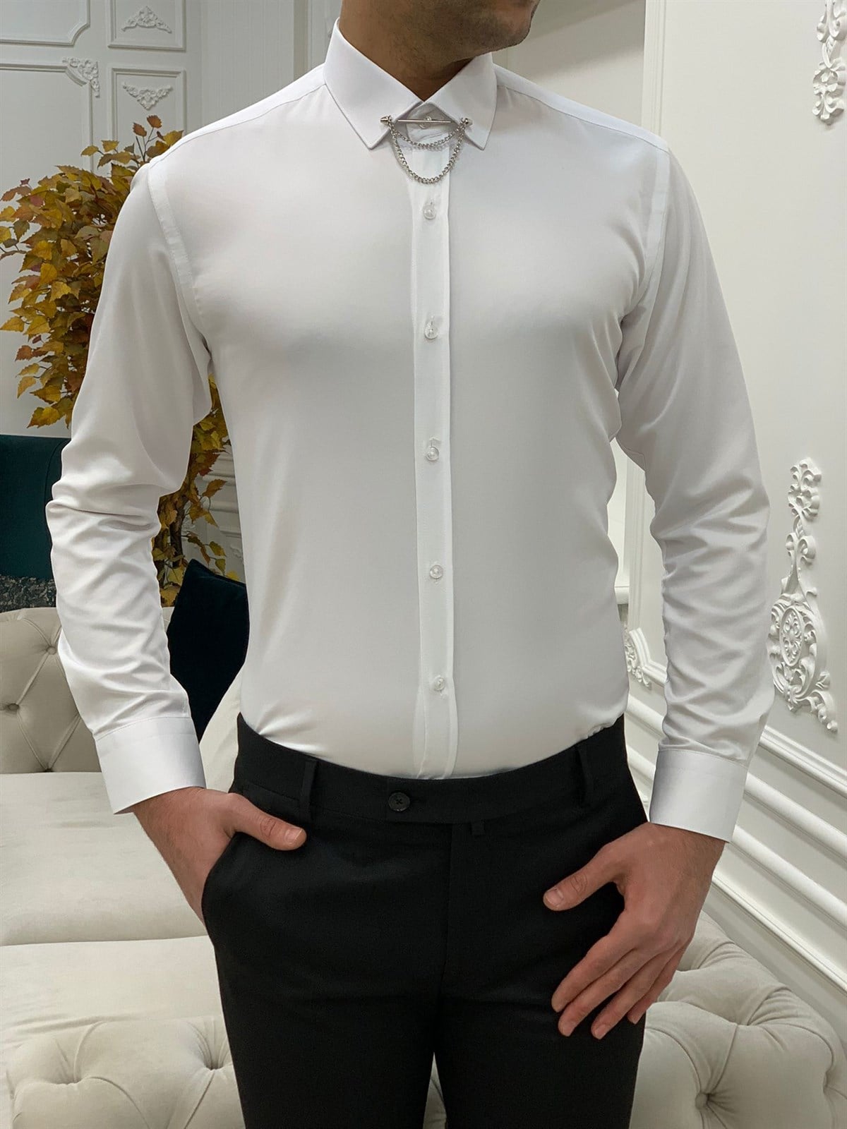 Slim Fit İğne Yakalı Gömlek - Beyaz