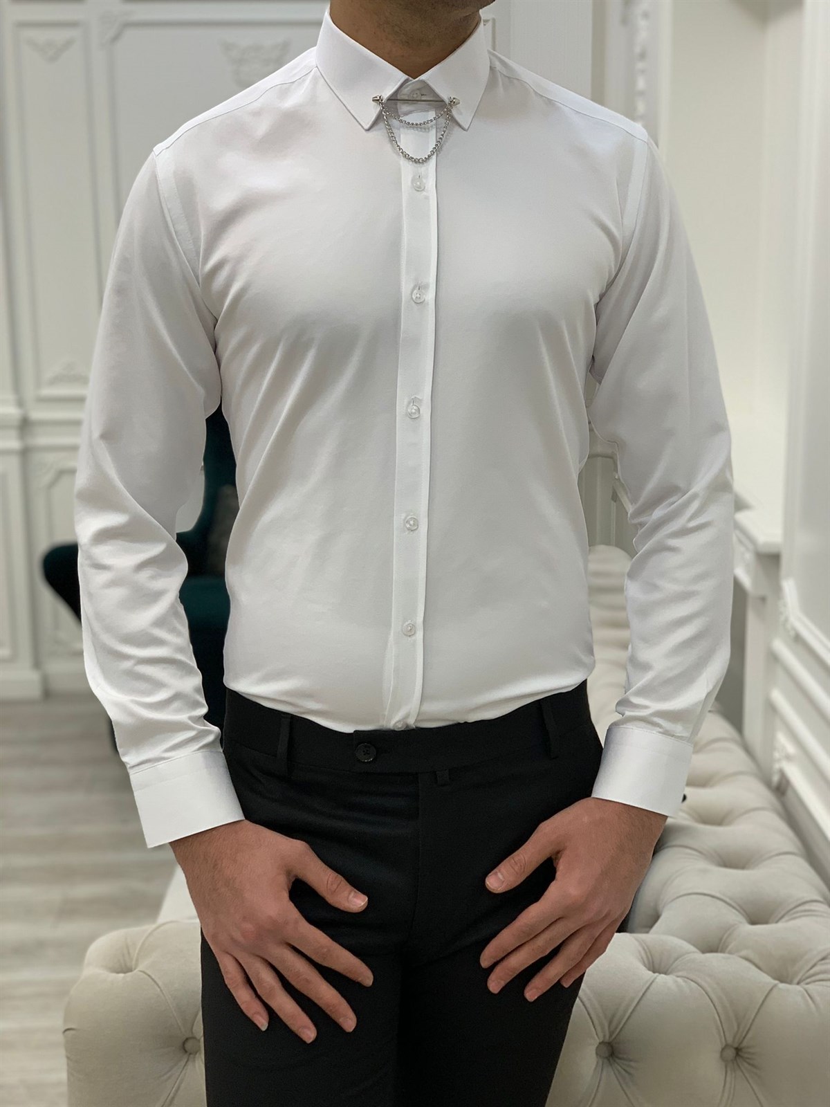 Slim Fit İğne Yakalı Gömlek - Beyaz