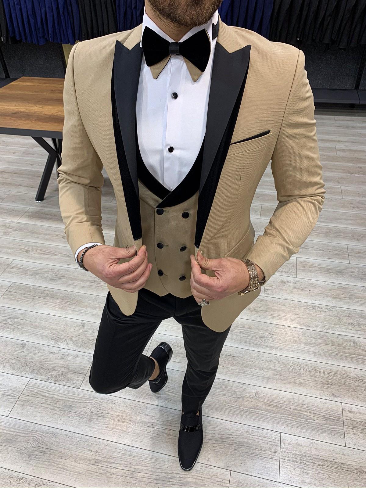 Slim Fit Kırlangıç Yaka Damatlık - Krem