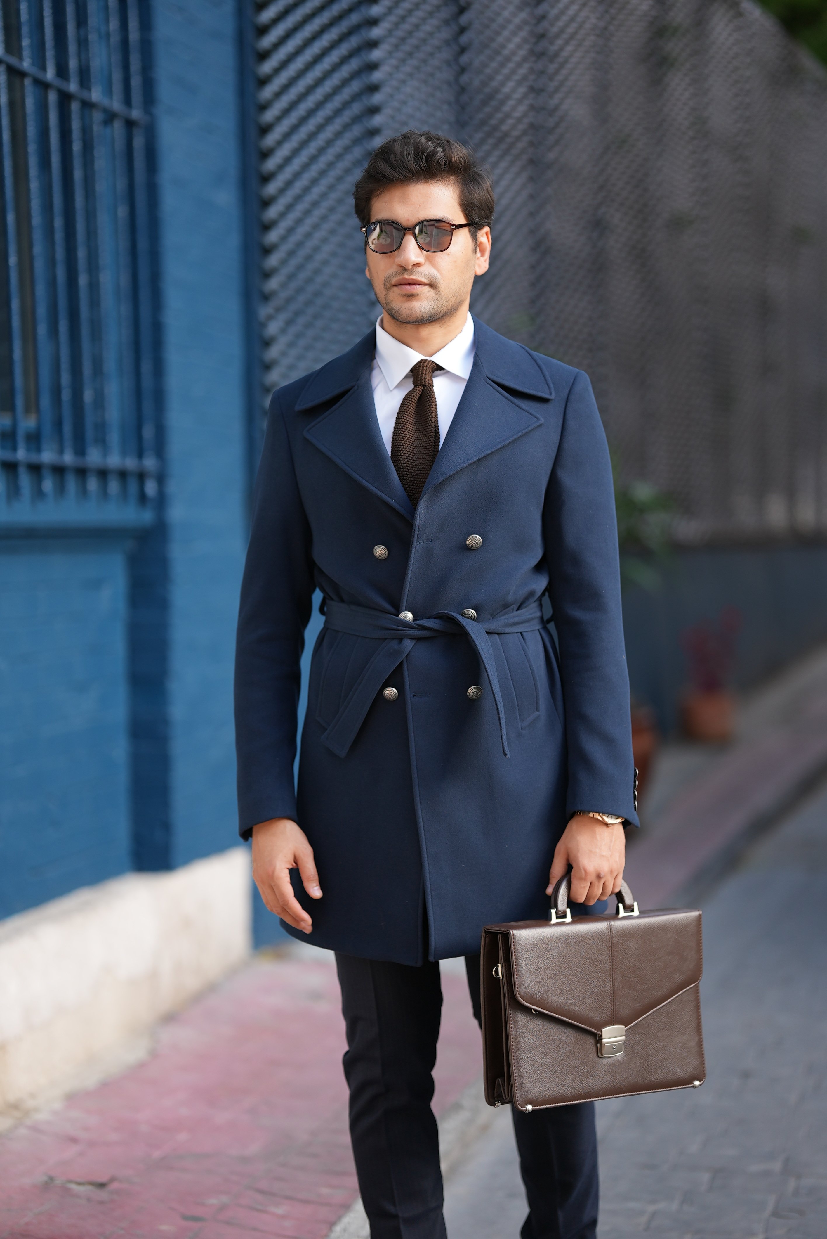 Slim Fit Kruvaze Kaşe Kaban - Lacivert