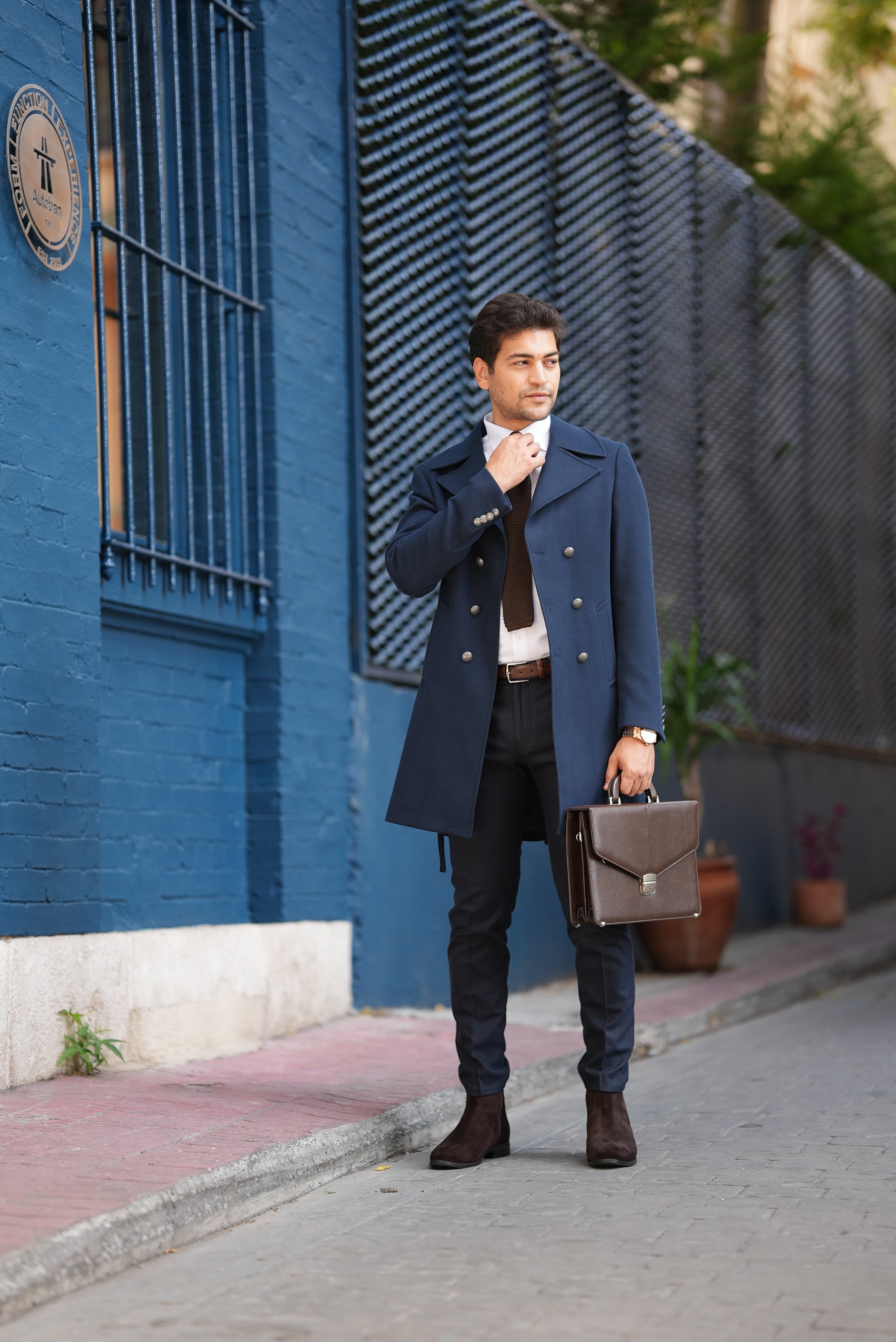 Slim Fit Kruvaze Kaşe Kaban - Lacivert