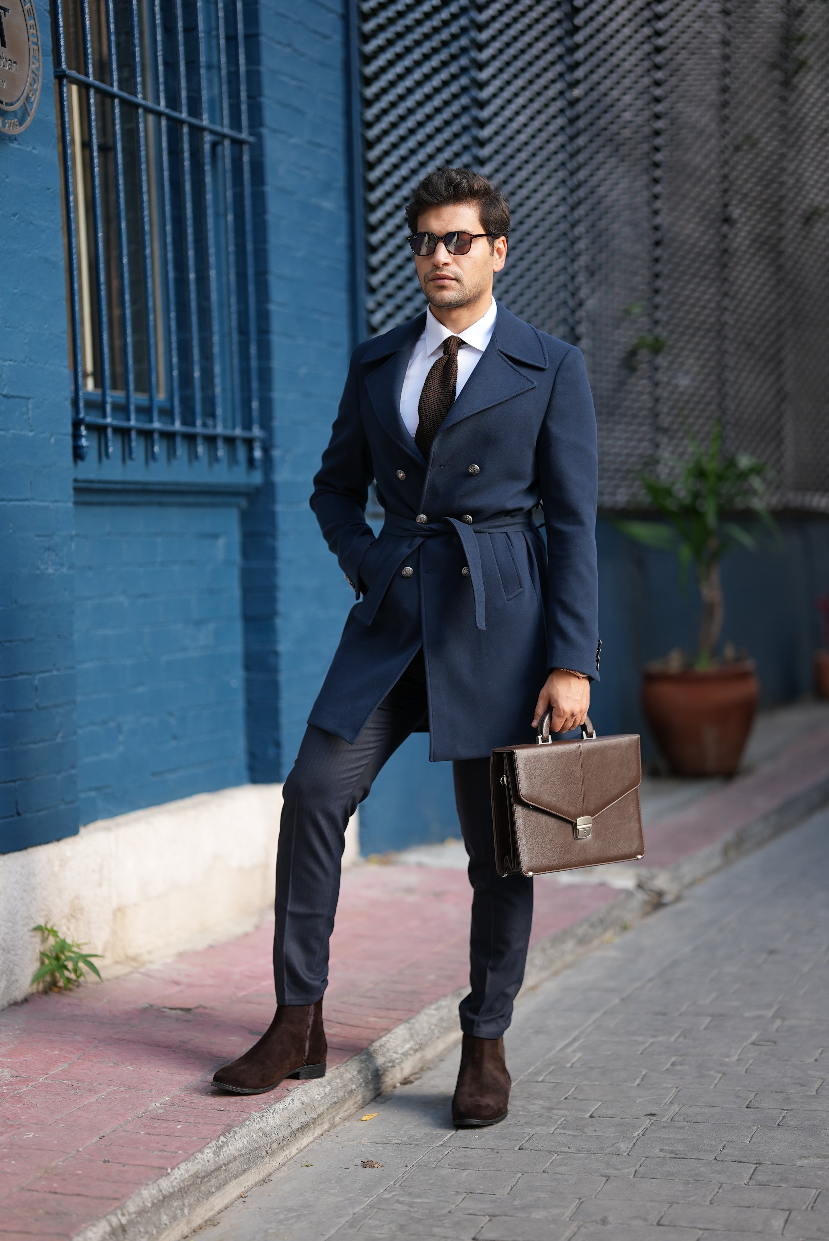 Slim Fit Kruvaze Kaşe Kaban - Lacivert