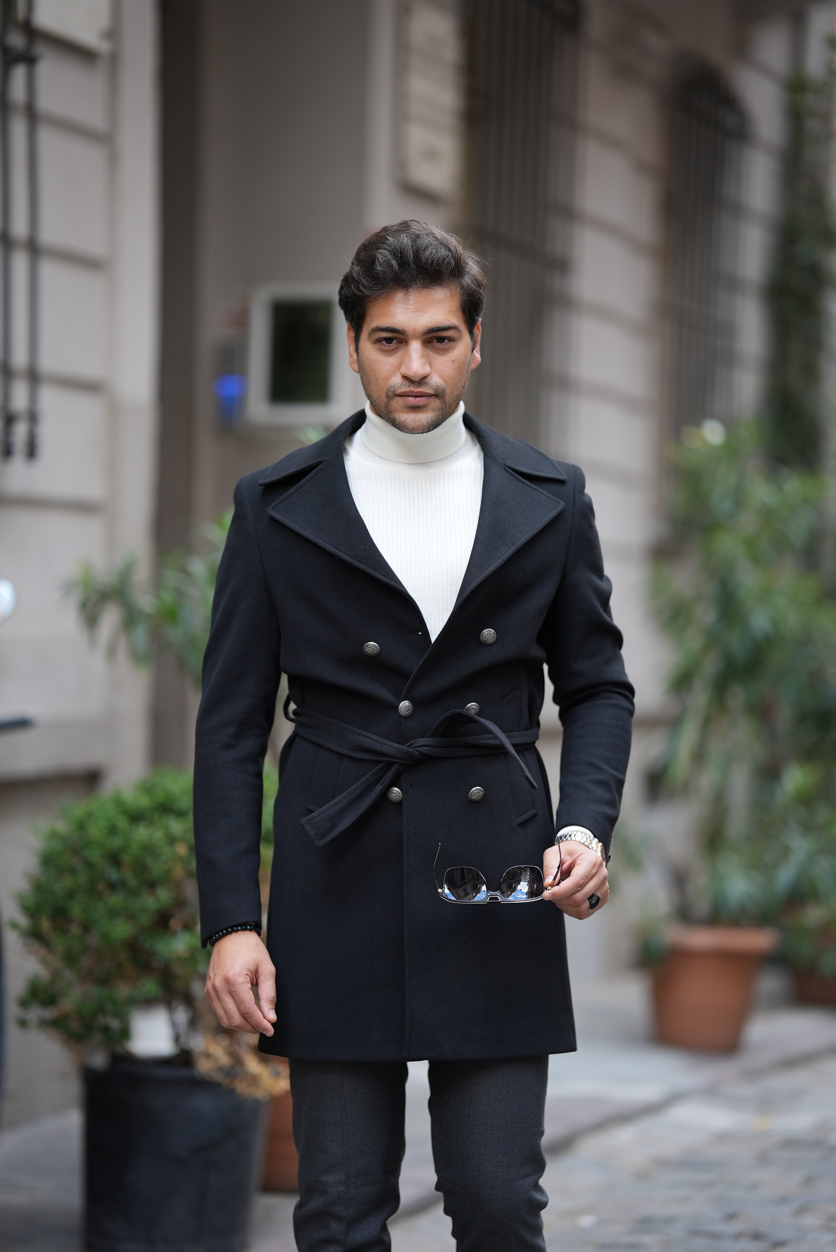 Slim Fit Kruvaze Kaşe Kaban - Siyah