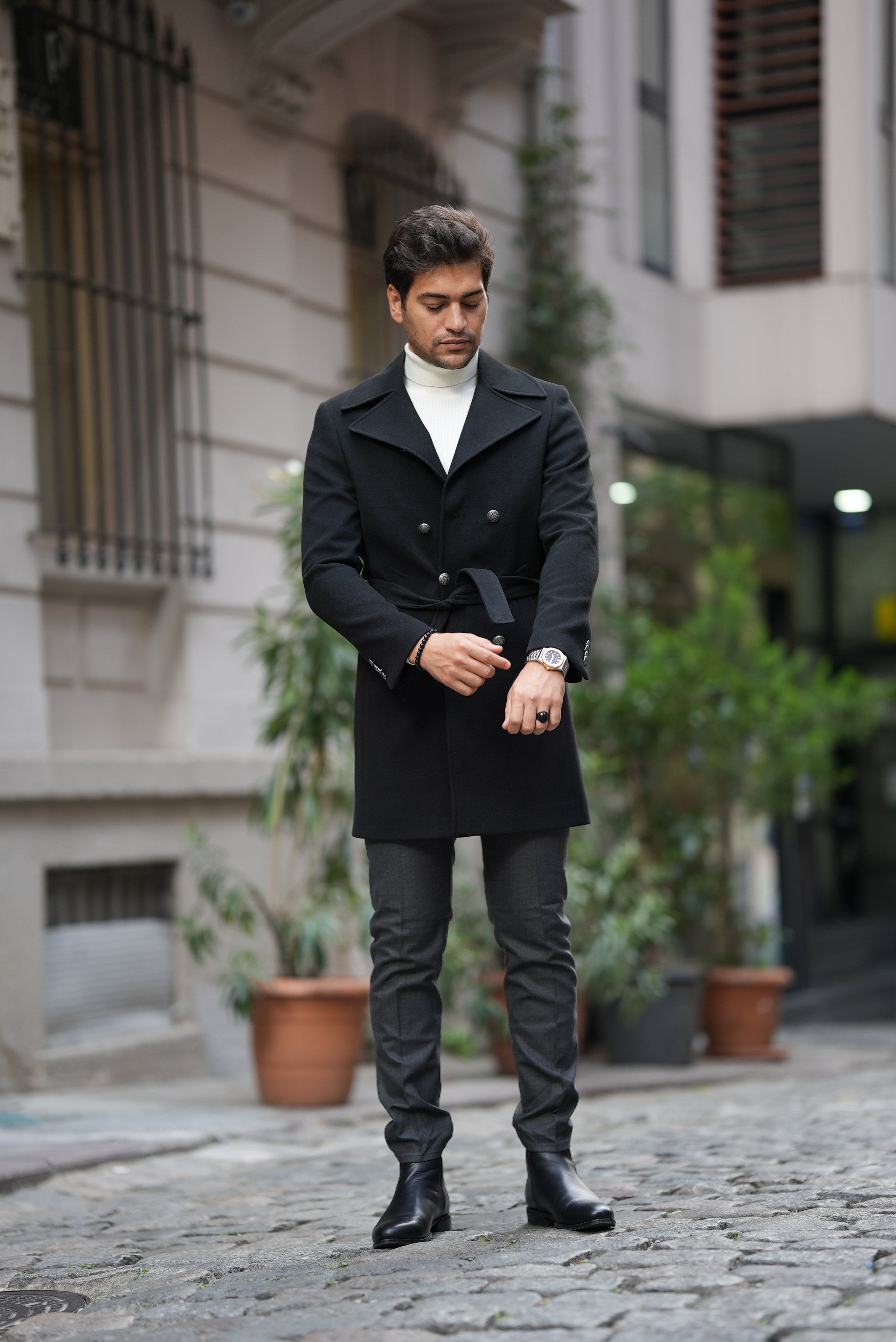Slim Fit Kruvaze Kaşe Kaban - Siyah