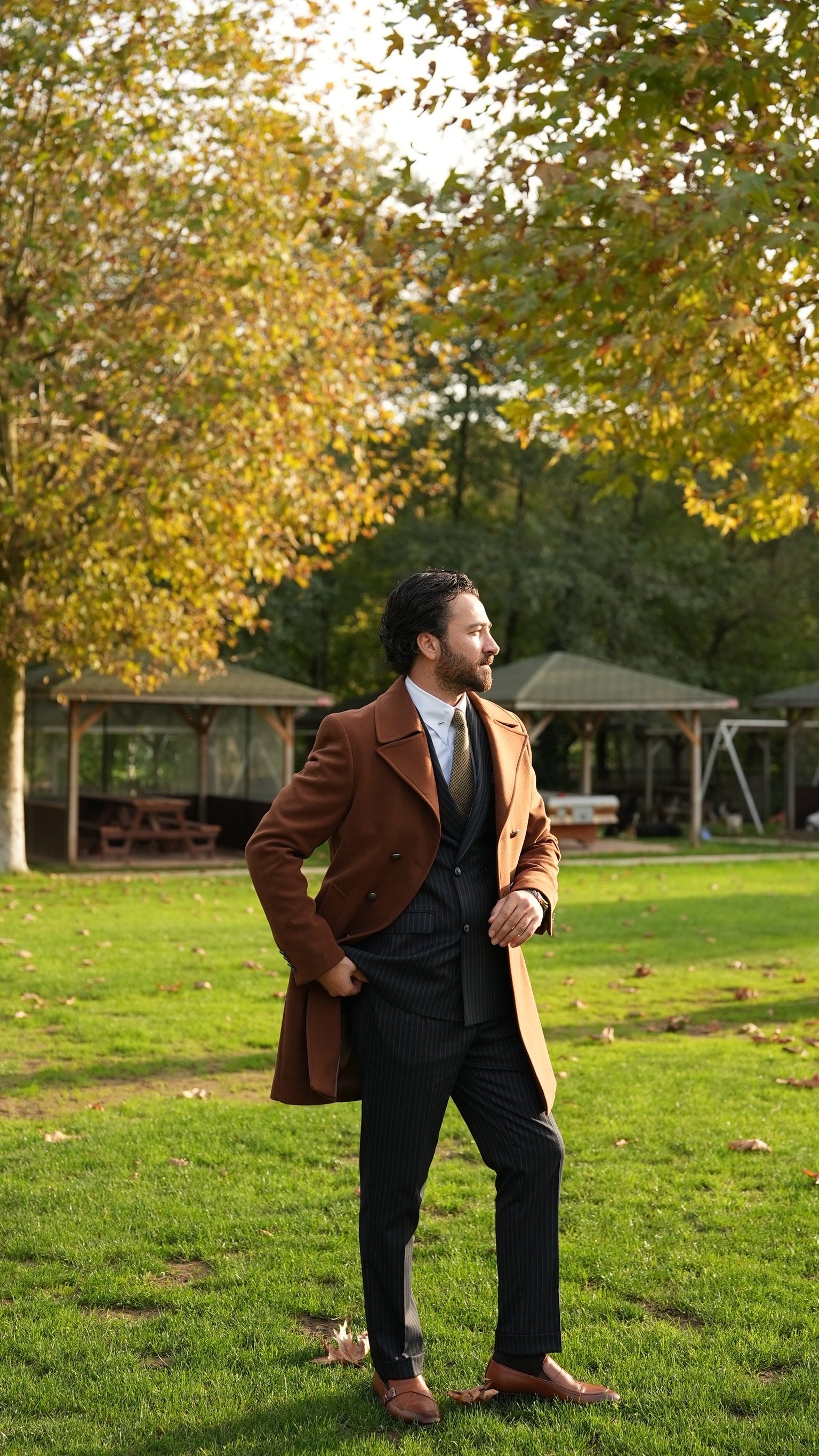Slim Fit Kruvaze Kaşe Kaban-Taba