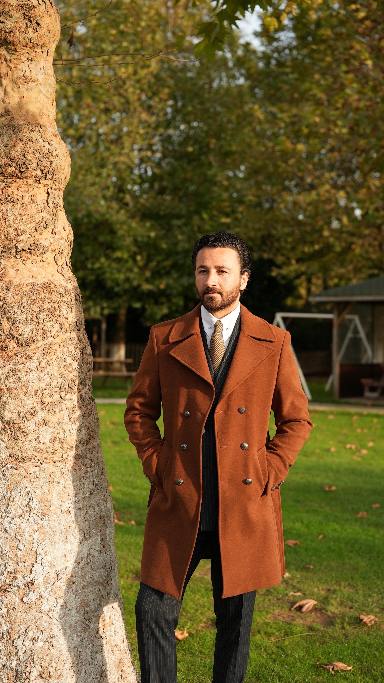 Slim Fit Kruvaze Kaşe Kaban-Taba