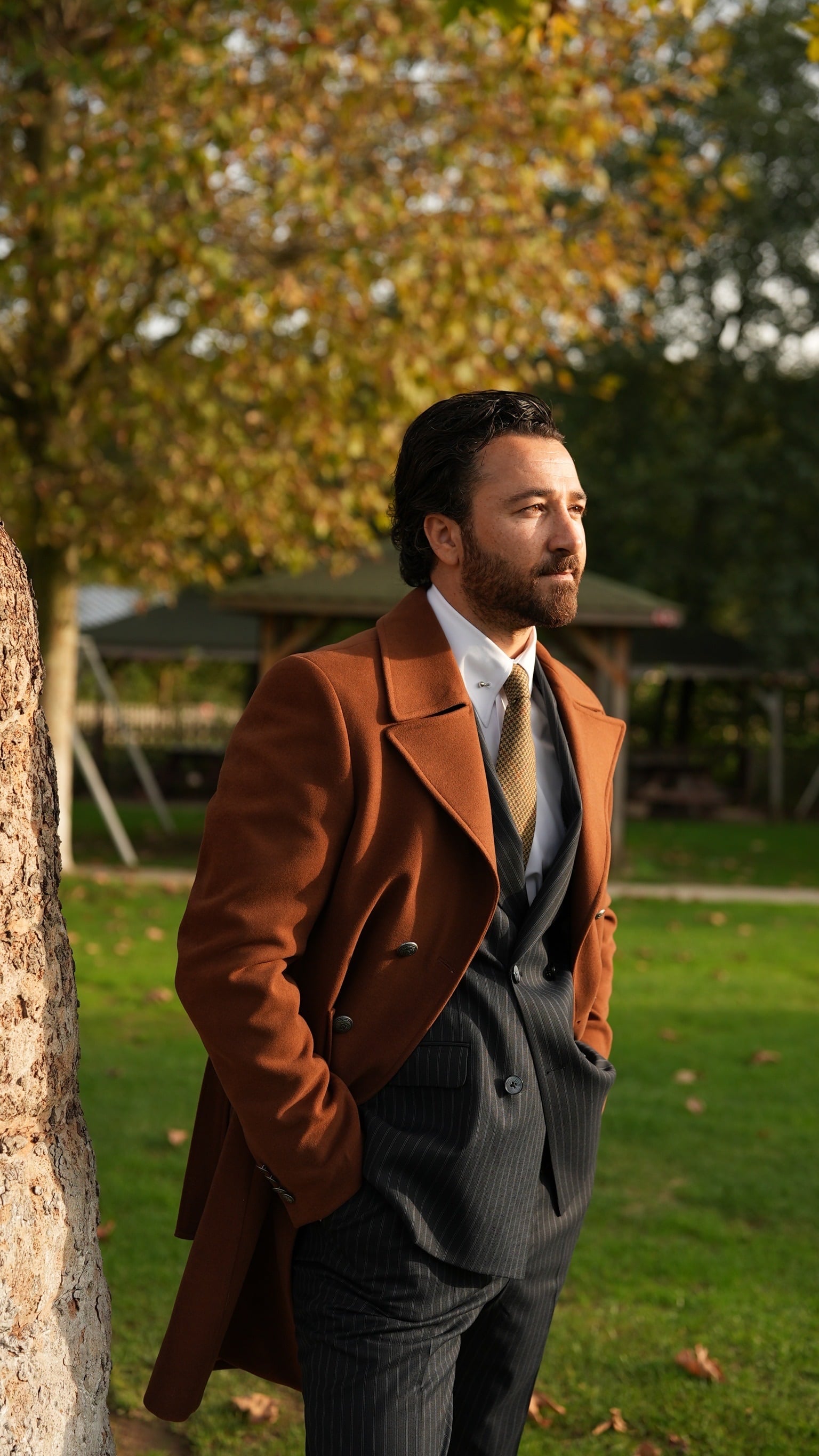 Slim Fit Kruvaze Kaşe Kaban-Taba
