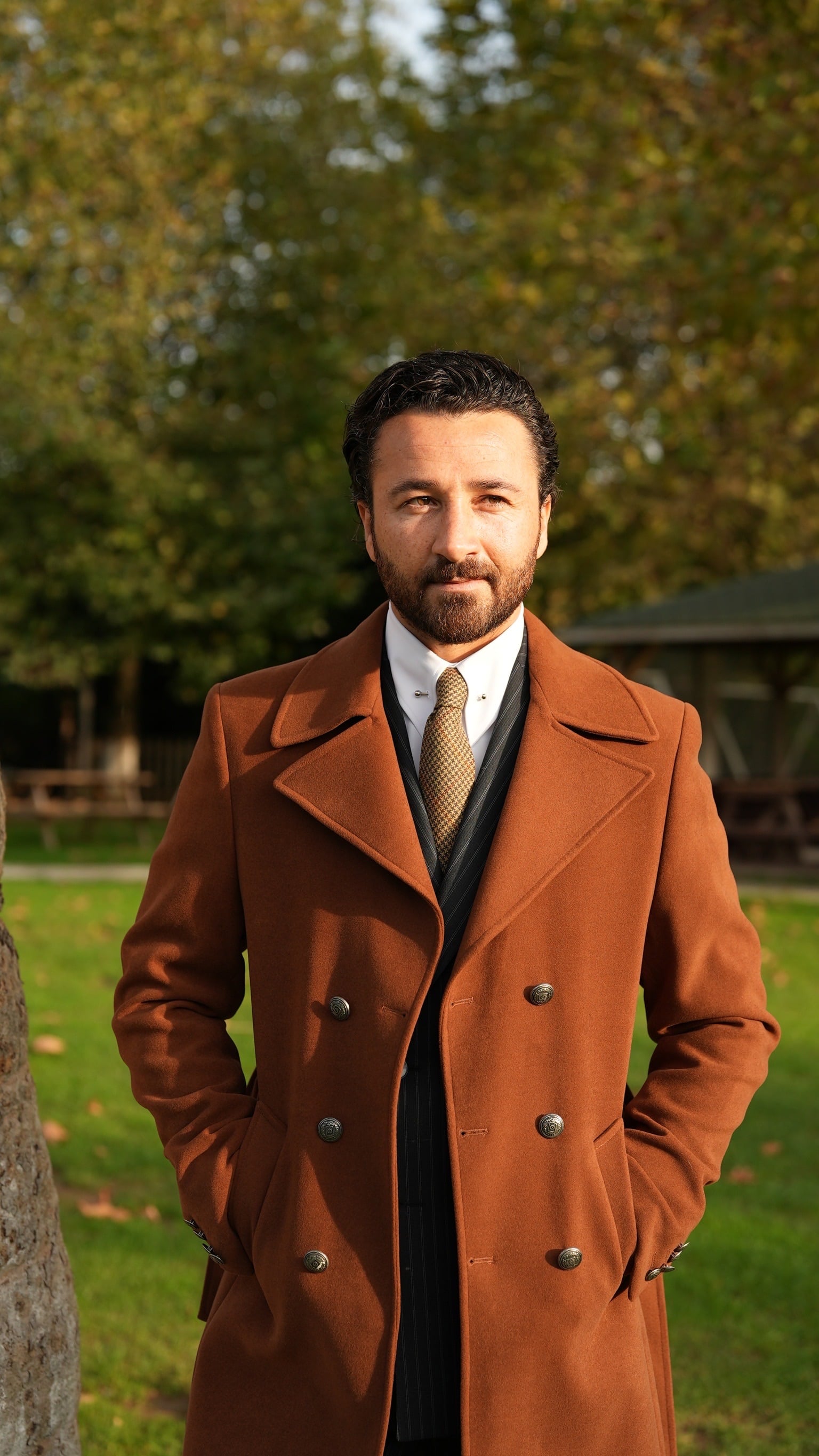 Slim Fit Kruvaze Kaşe Kaban-Taba