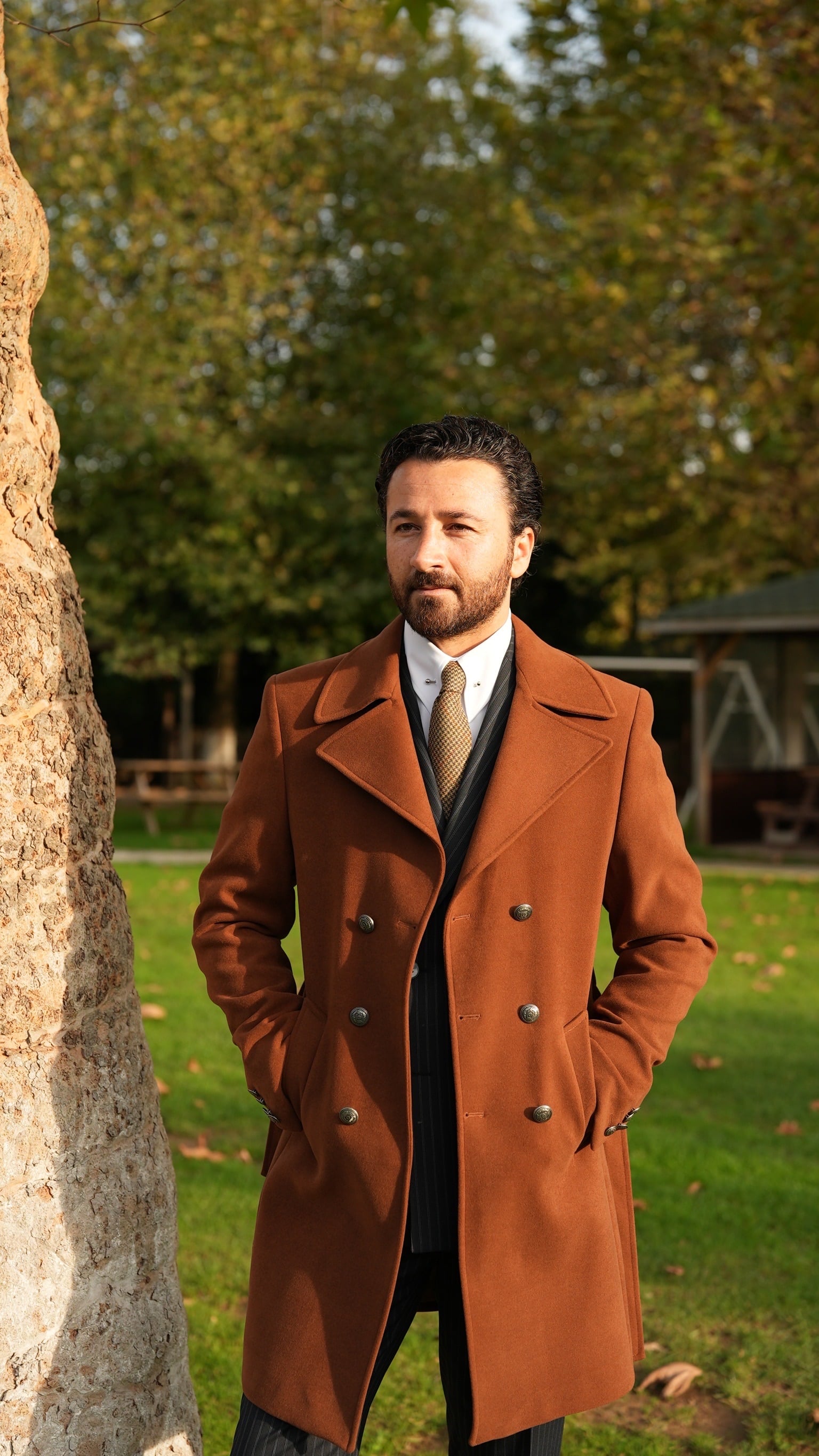 Slim Fit Kruvaze Kaşe Kaban-Taba