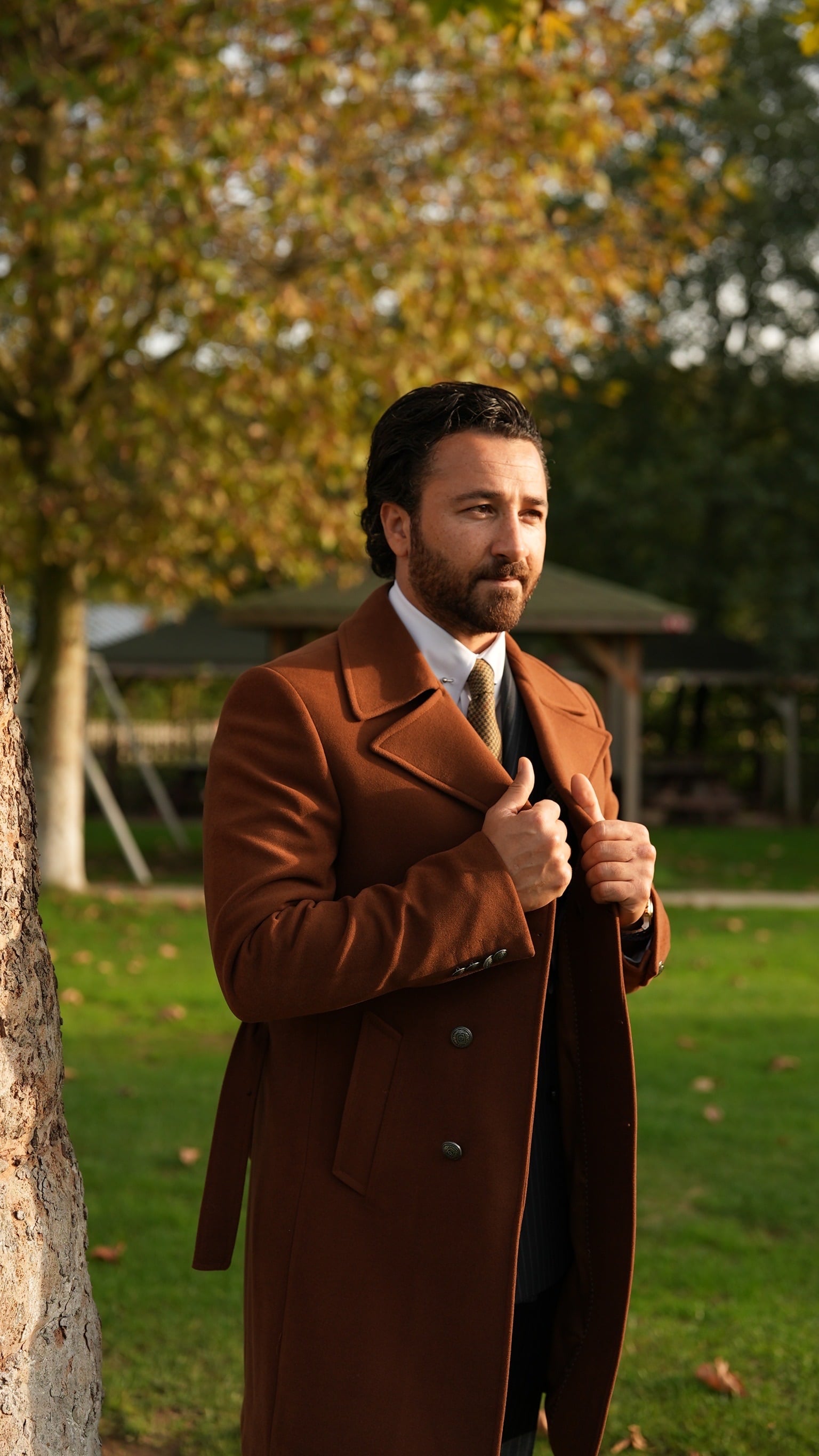 Slim Fit Kruvaze Kaşe Kaban-Taba