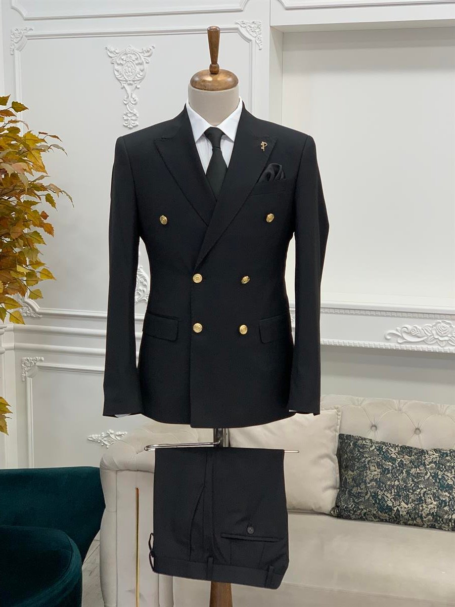 Slim Fit Kruvaze Takım Elbise  Ceket Pantolon - Siyah