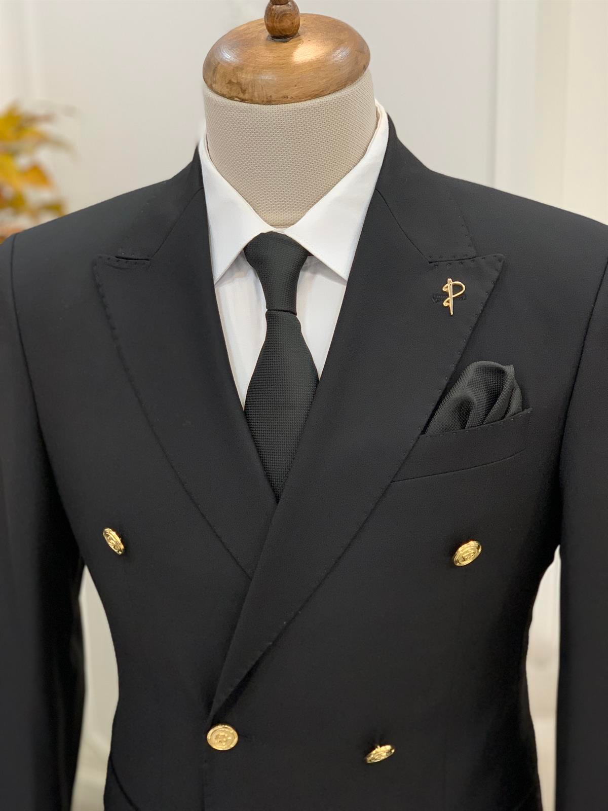 Slim Fit Kruvaze Takım Elbise  Ceket Pantolon - Siyah